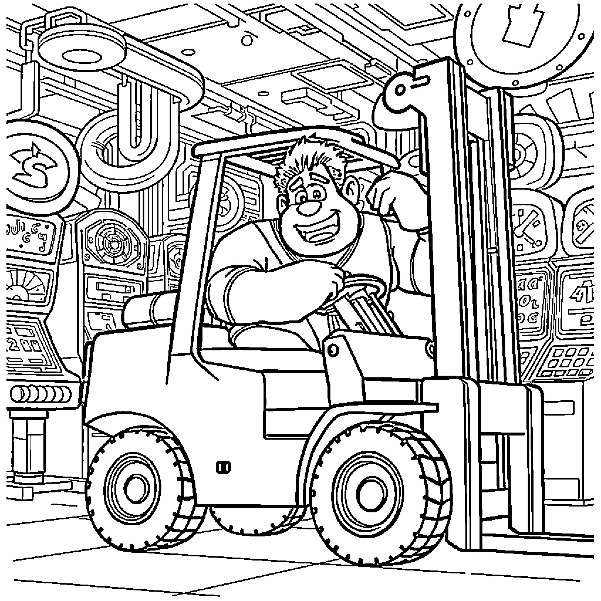 Wreck-it Ralph operating a forklift in an industrial setting Coloring Page (free black-and-white line drawing printable PDF for all, from beginners to advanced learners, including children, teens, adults, and seniors)
