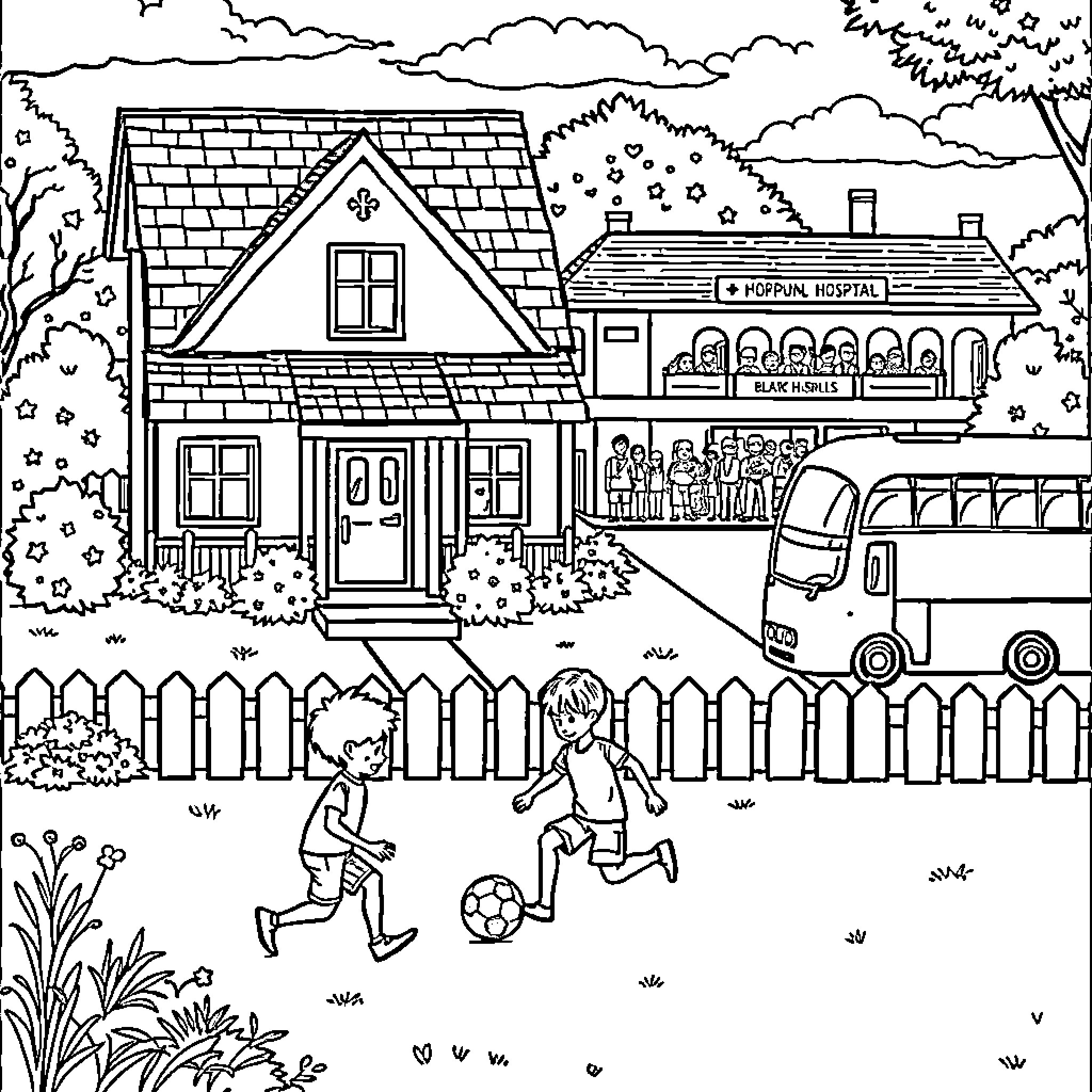 House with children playing soccer outdoors Coloring Page (free black-and-white line drawing printable PDF for all, from beginners to advanced learners, including children, teens, adults, and seniors)