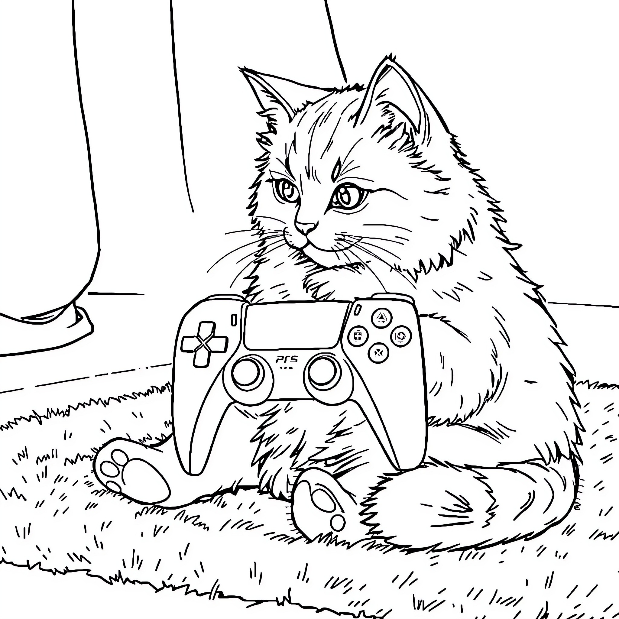 Cat playing with video game controller Coloring Page (free black-and-white line drawing printable PDF for all, from beginners to advanced learners, including children, teens, adults, and seniors)