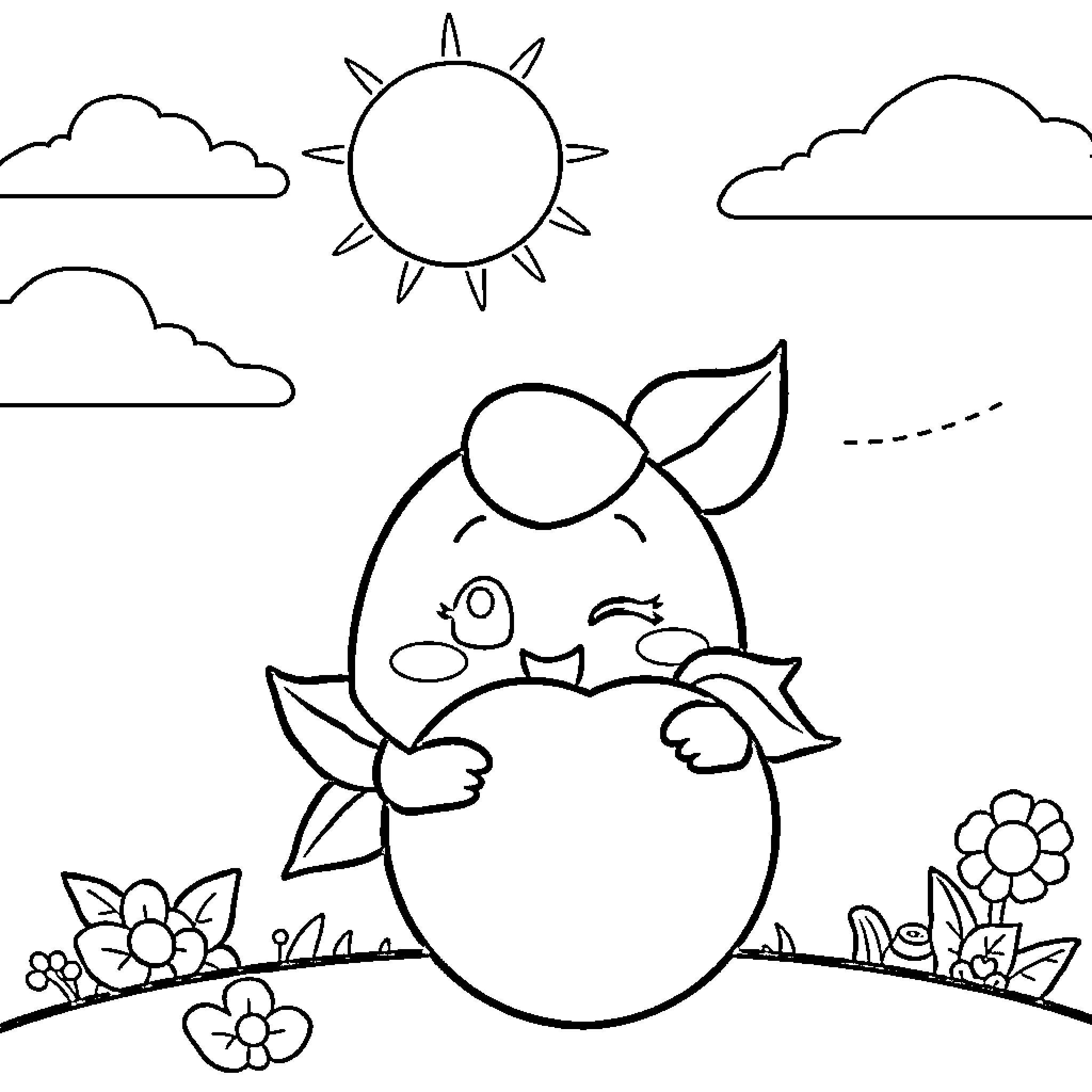 Peach character enjoying sunny day outdoors Coloring Page (free black-and-white line drawing printable PDF for all, from beginners to advanced learners, including children, teens, adults, and seniors)