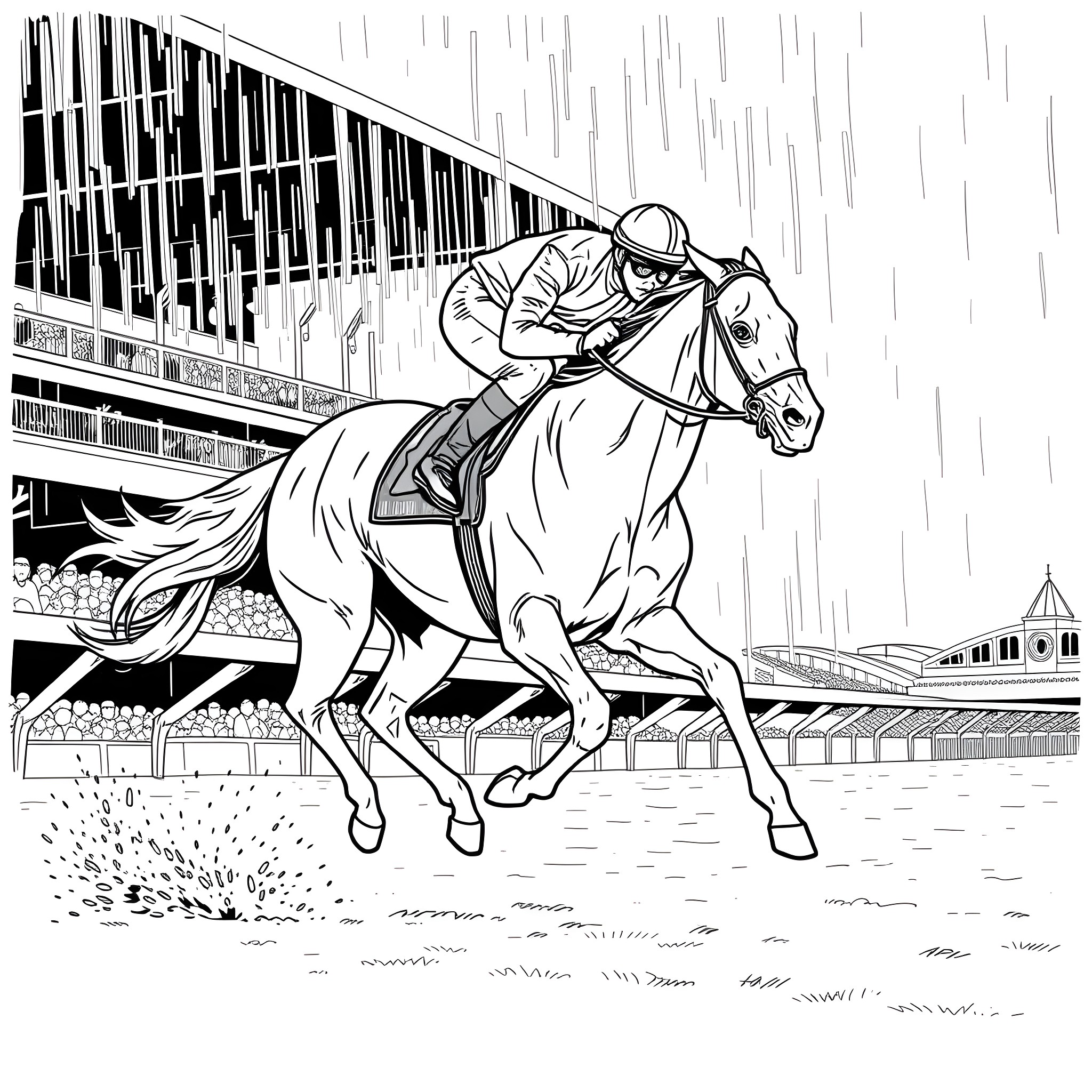 Horse racing through rainy track Coloring Page (free black-and-white line drawing printable PDF for all, from beginners to advanced learners, including children, teens, adults, and seniors)