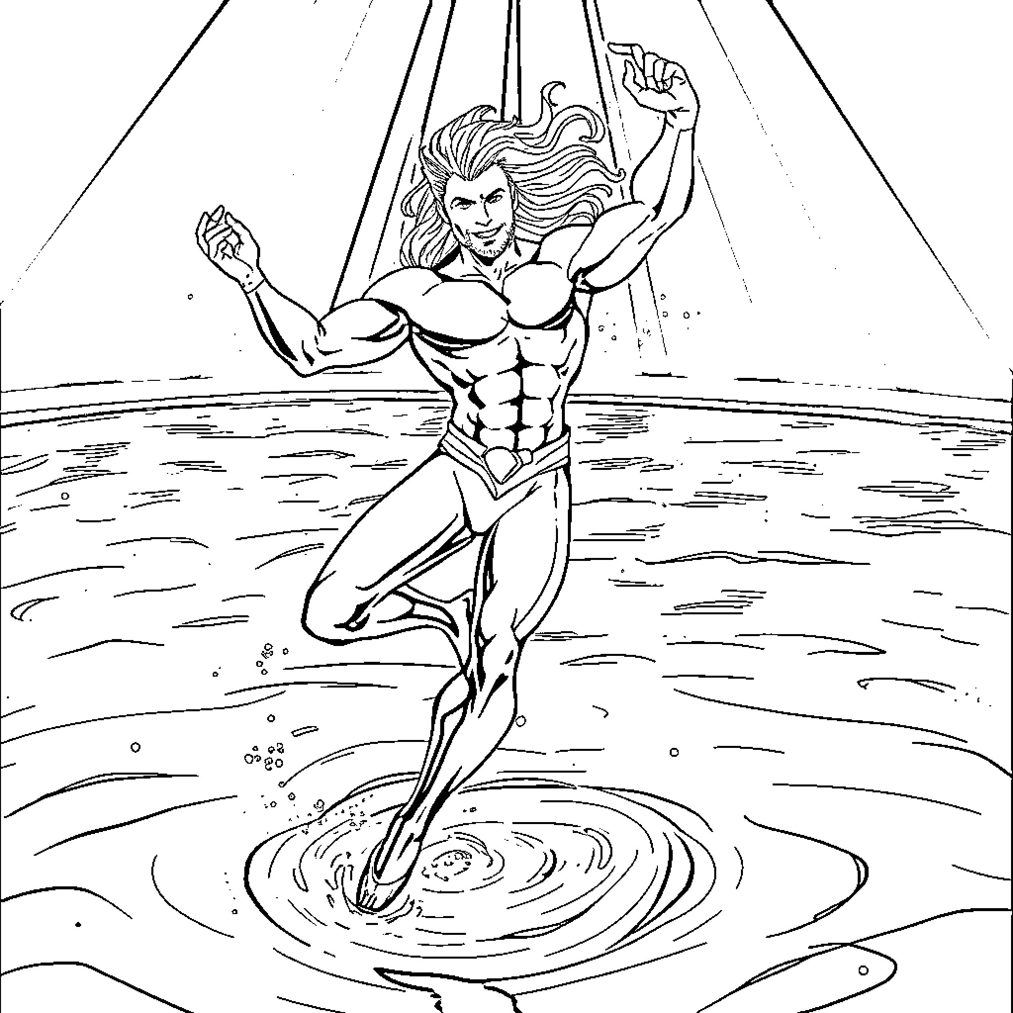 Aquaman leaping out of the water in action pose Coloring Page (free black-and-white line drawing printable PDF for all, from beginners to advanced learners, including children, teens, adults, and seniors)