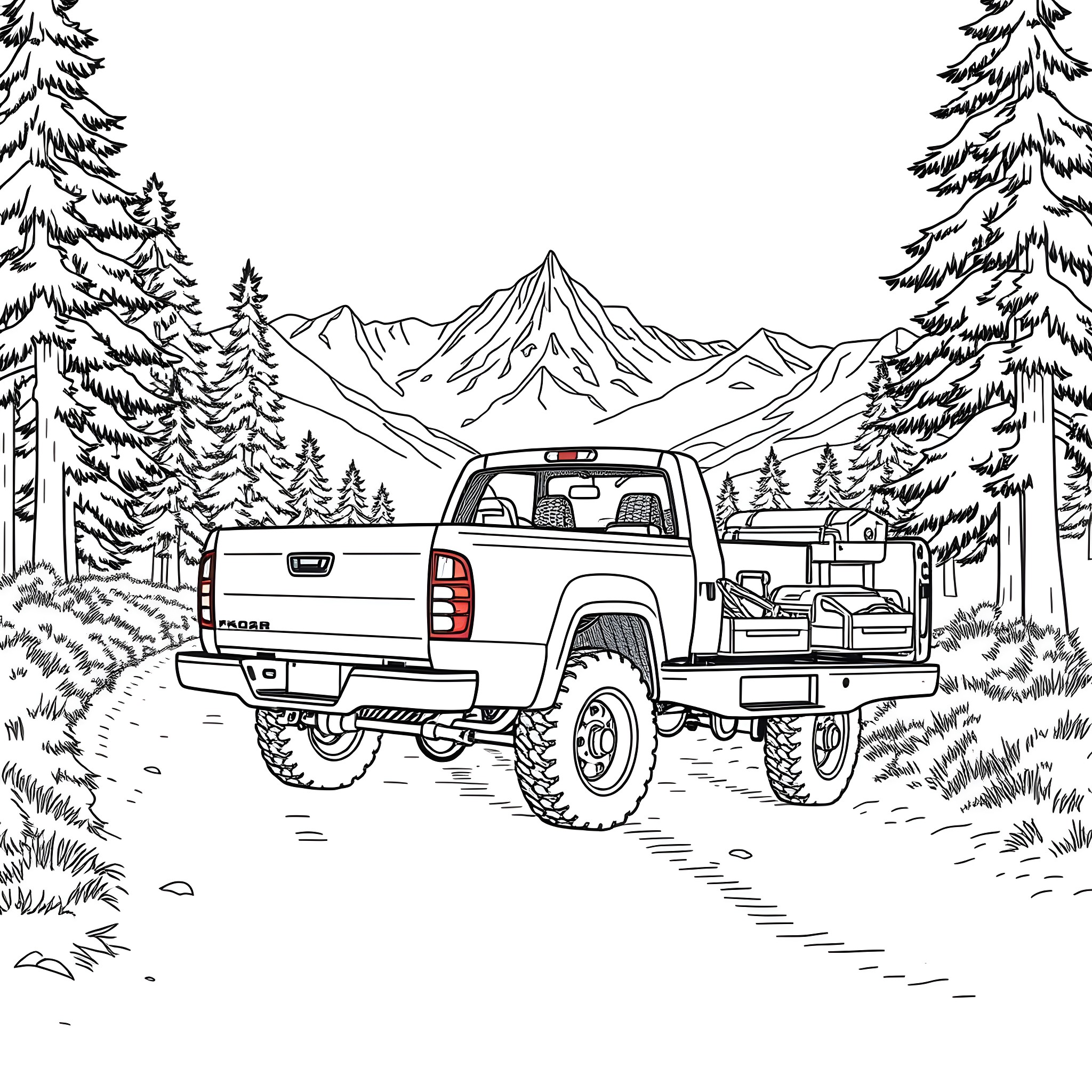 Pick Up Truck Traversing Rugged Mountain Terrain Coloring Page (free black-and-white line drawing printable PDF for all, from beginners to advanced learners, including children, teens, adults, and seniors)
