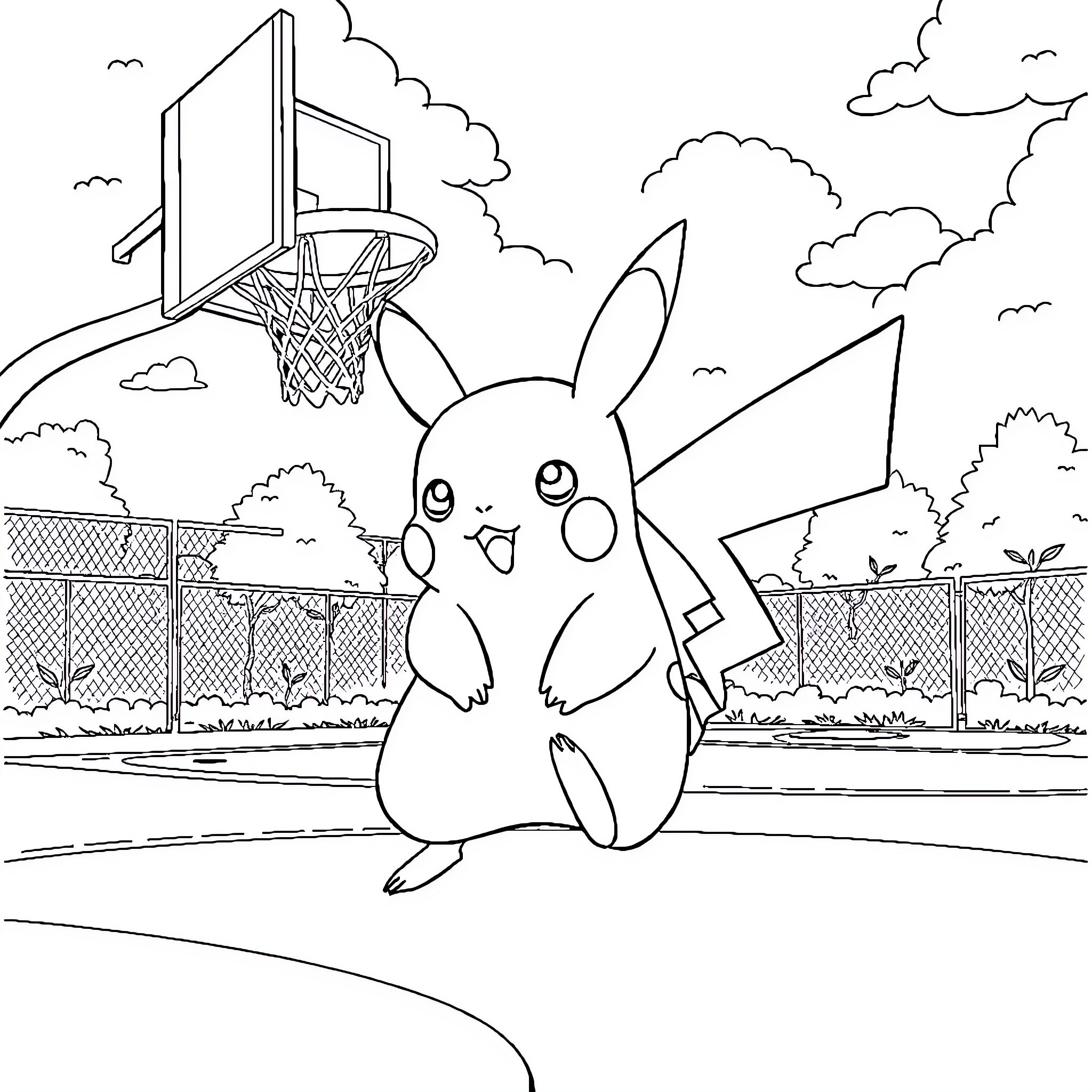 Pikachu playing basketball on the court Coloring Page (free black-and-white line drawing printable PDF for all, from beginners to advanced learners, including children, teens, adults, and seniors)