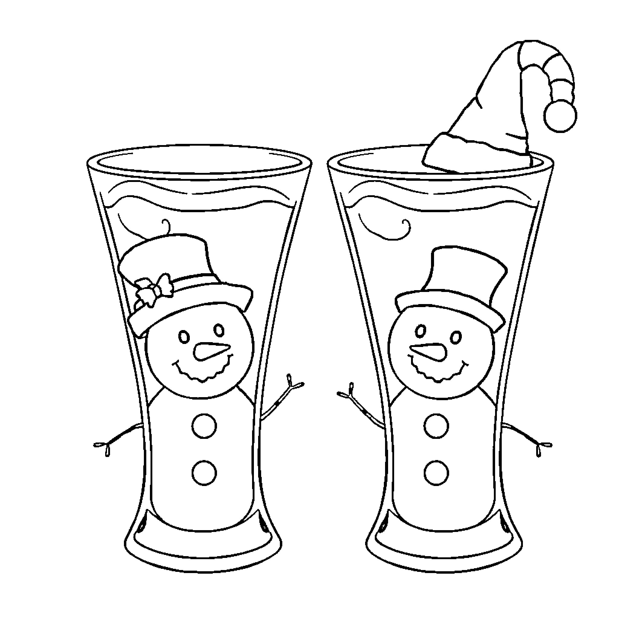 Snowman enjoying a frosty drink in festive attire Coloring Page (free black-and-white line drawing printable PDF for all, from beginners to advanced learners, including children, teens, adults, and seniors)