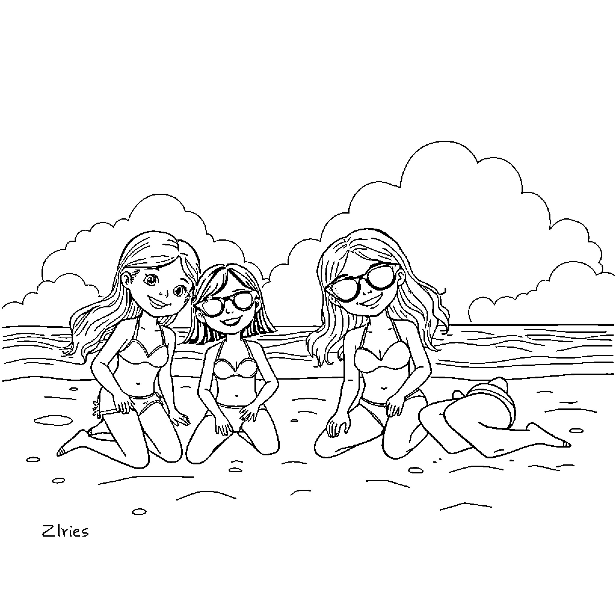 Girls playing on the beach Coloring Page (free black-and-white line drawing printable PDF for all, from beginners to advanced learners, including children, teens, adults, and seniors)