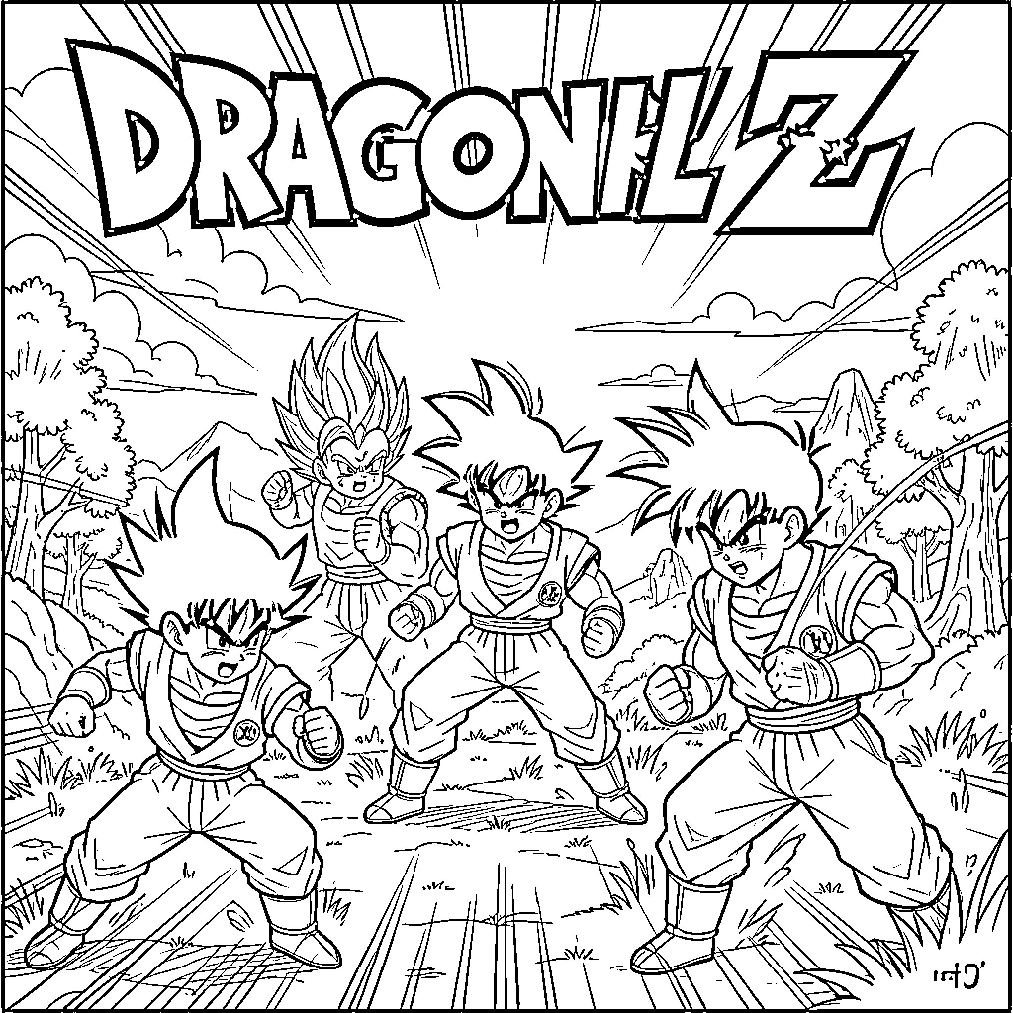 Dragon Ball Z characters in action-packed scene Coloring Page (free black-and-white line drawing printable PDF for all, from beginners to advanced learners, including children, teens, adults, and seniors)