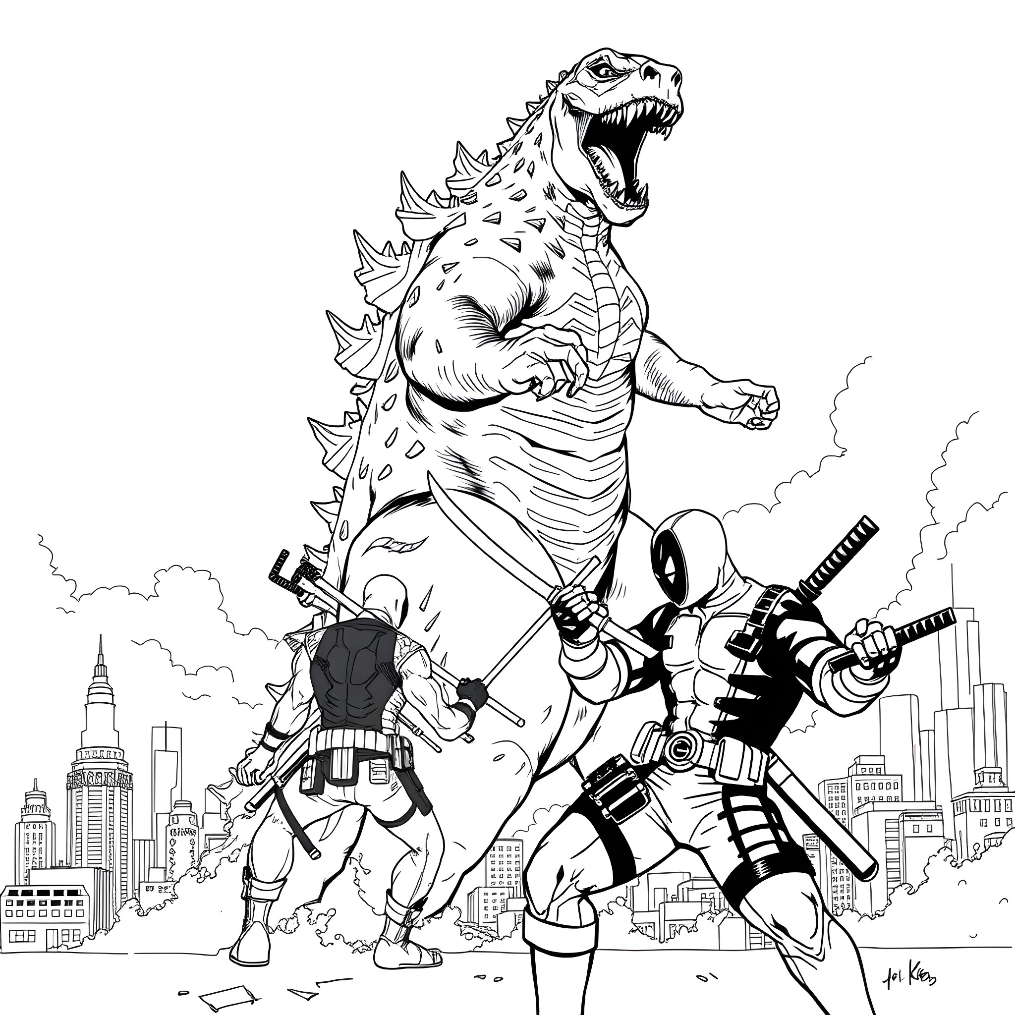 Godzilla battles against ninja warriors in the city Coloring Page (free black-and-white line drawing printable PDF for all, from beginners to advanced learners, including children, teens, adults, and seniors)