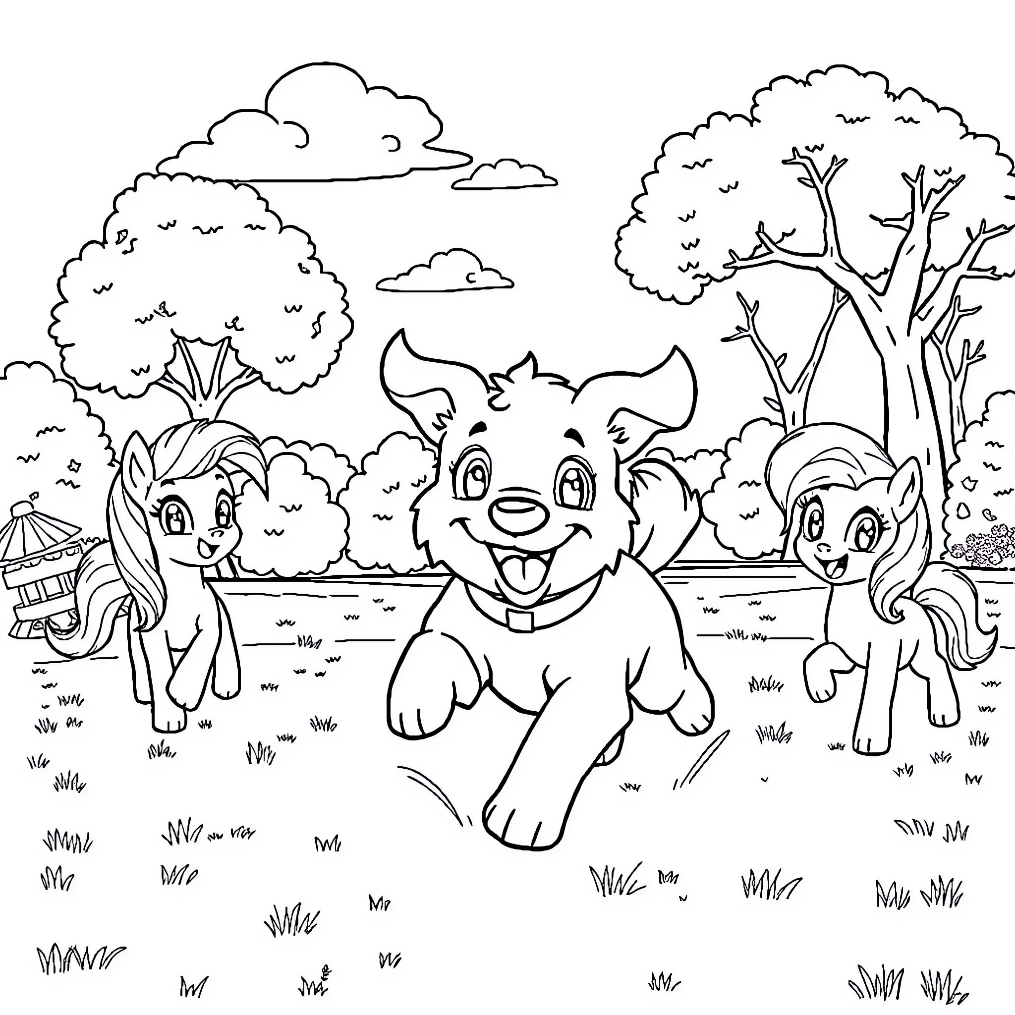 Dog and Ponies Playing in the Countryside Coloring Page (free black-and-white line drawing printable PDF for all, from beginners to advanced learners, including children, teens, adults, and seniors)