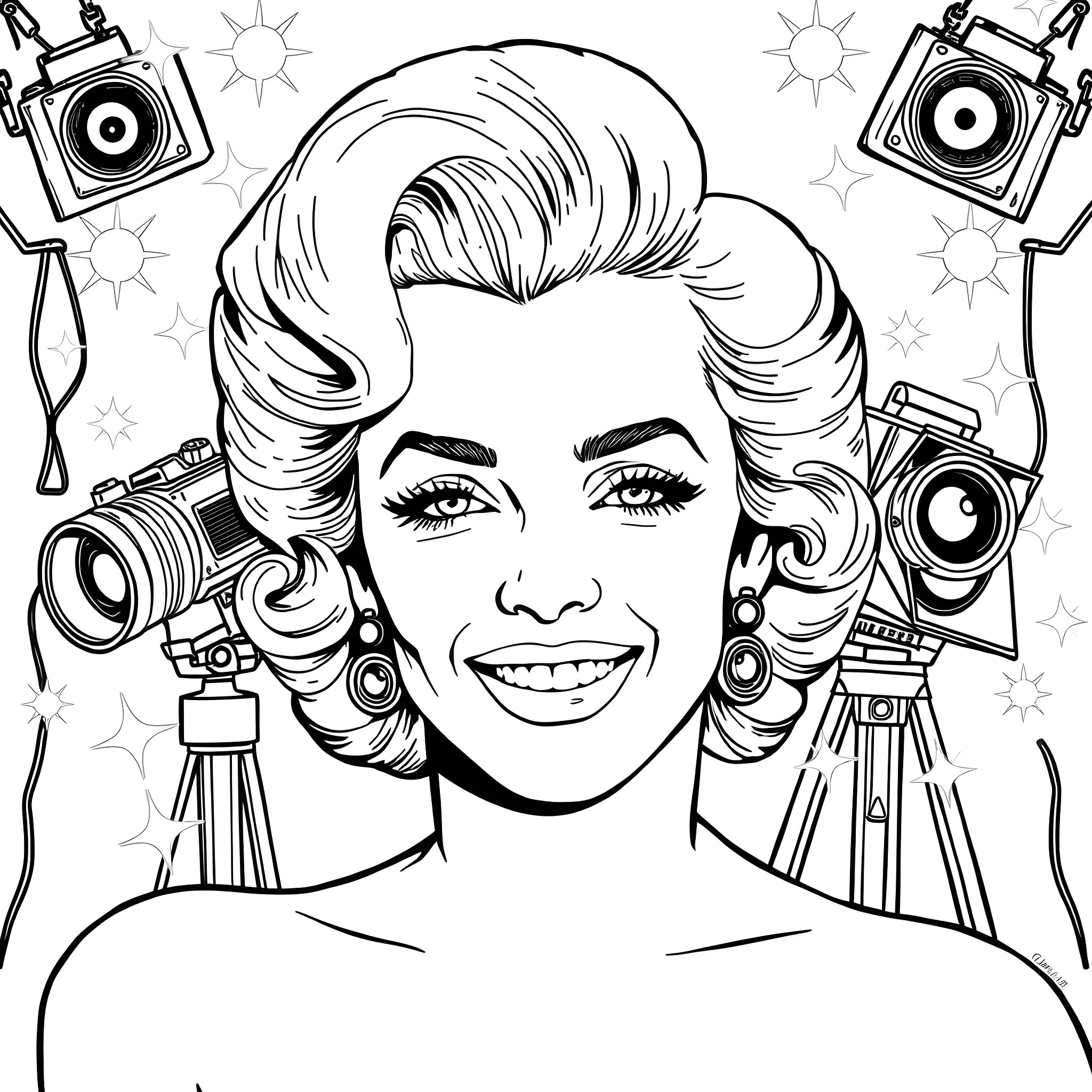 Marilyn Monroe in the spotlight Coloring Page (free black-and-white line drawing printable PDF for all, from beginners to advanced learners, including children, teens, adults, and seniors)