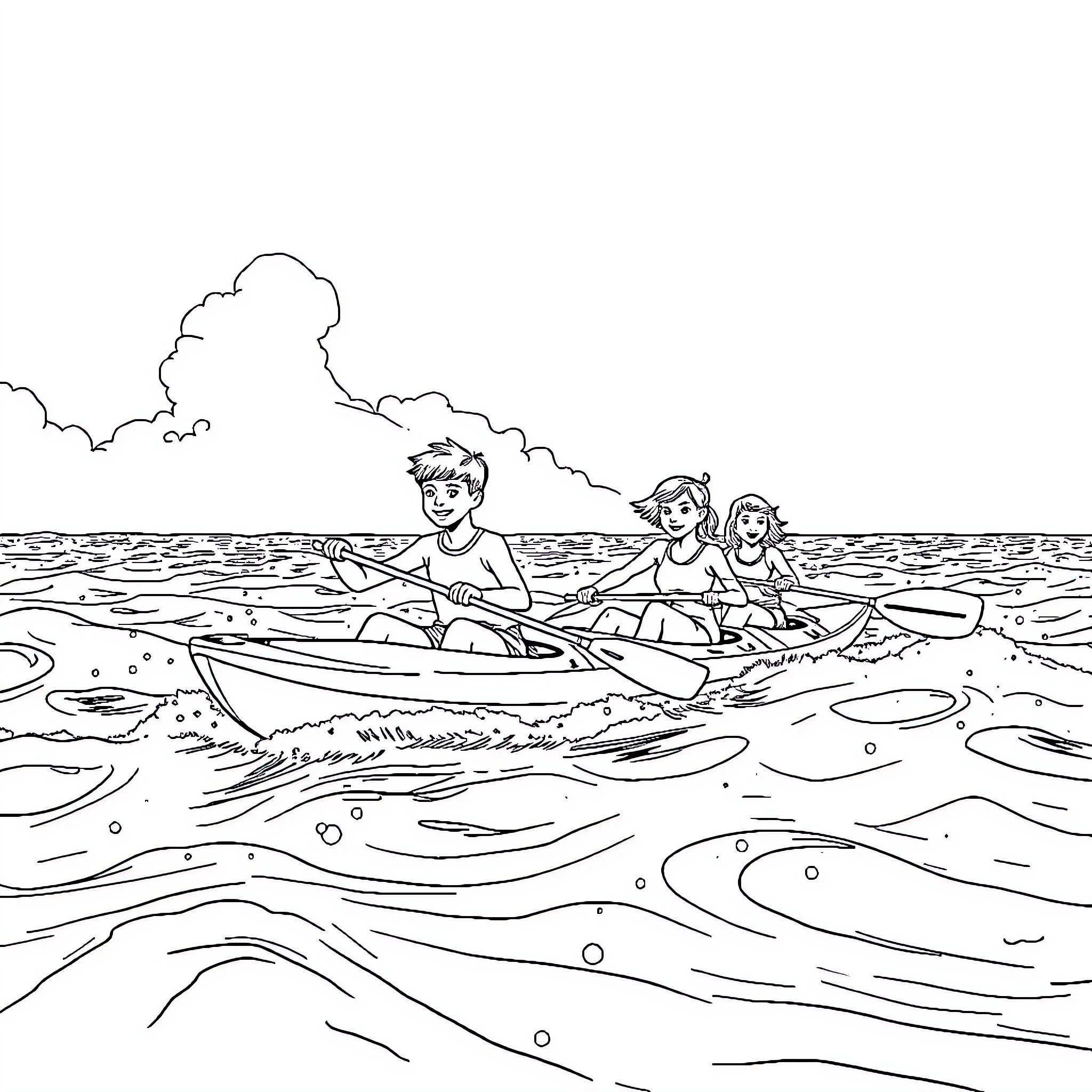 Teenagers boating on a wavy ocean Coloring Page (free black-and-white line drawing printable PDF for all, from beginners to advanced learners, including children, teens, adults, and seniors)