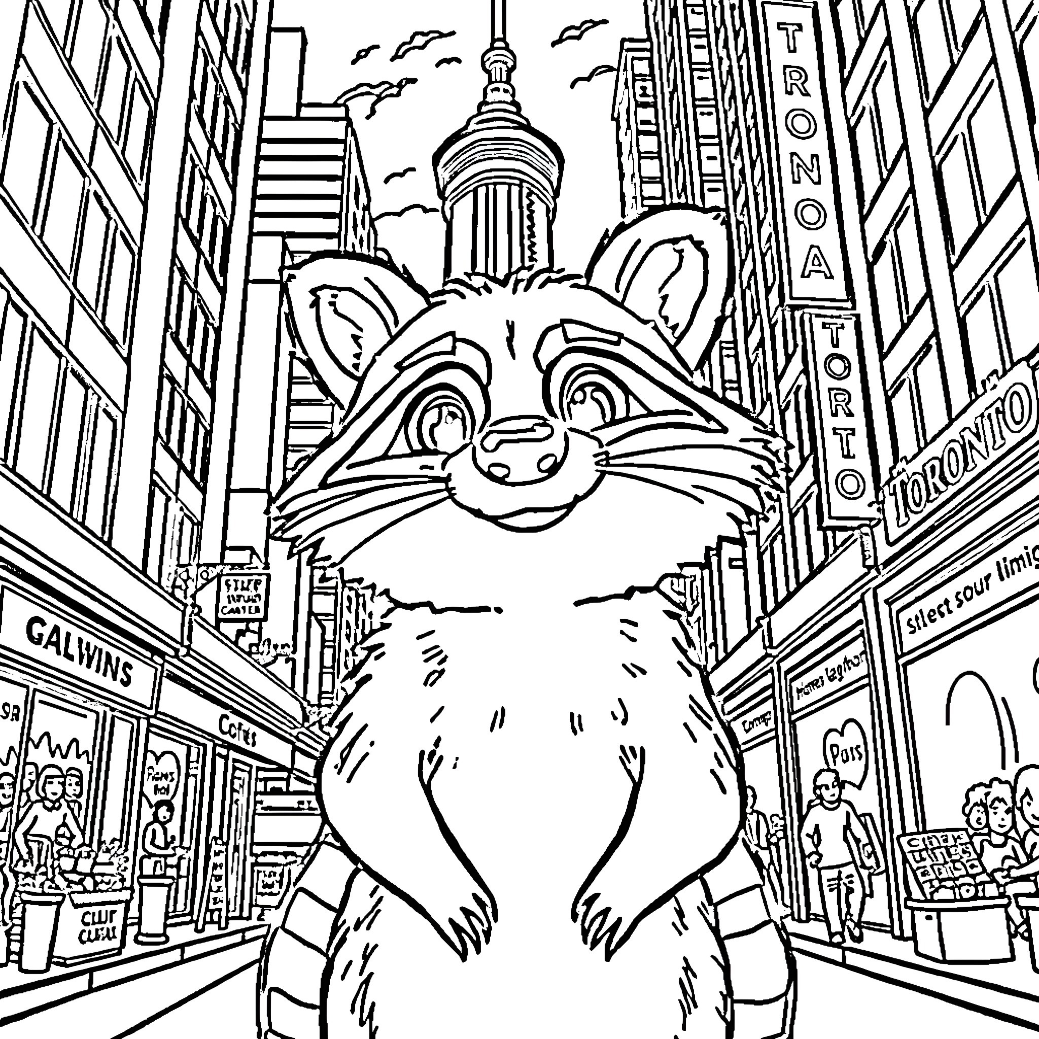 Raccoon exploring the bustling city streets Coloring Page (free black-and-white line drawing printable PDF for all, from beginners to advanced learners, including children, teens, adults, and seniors)