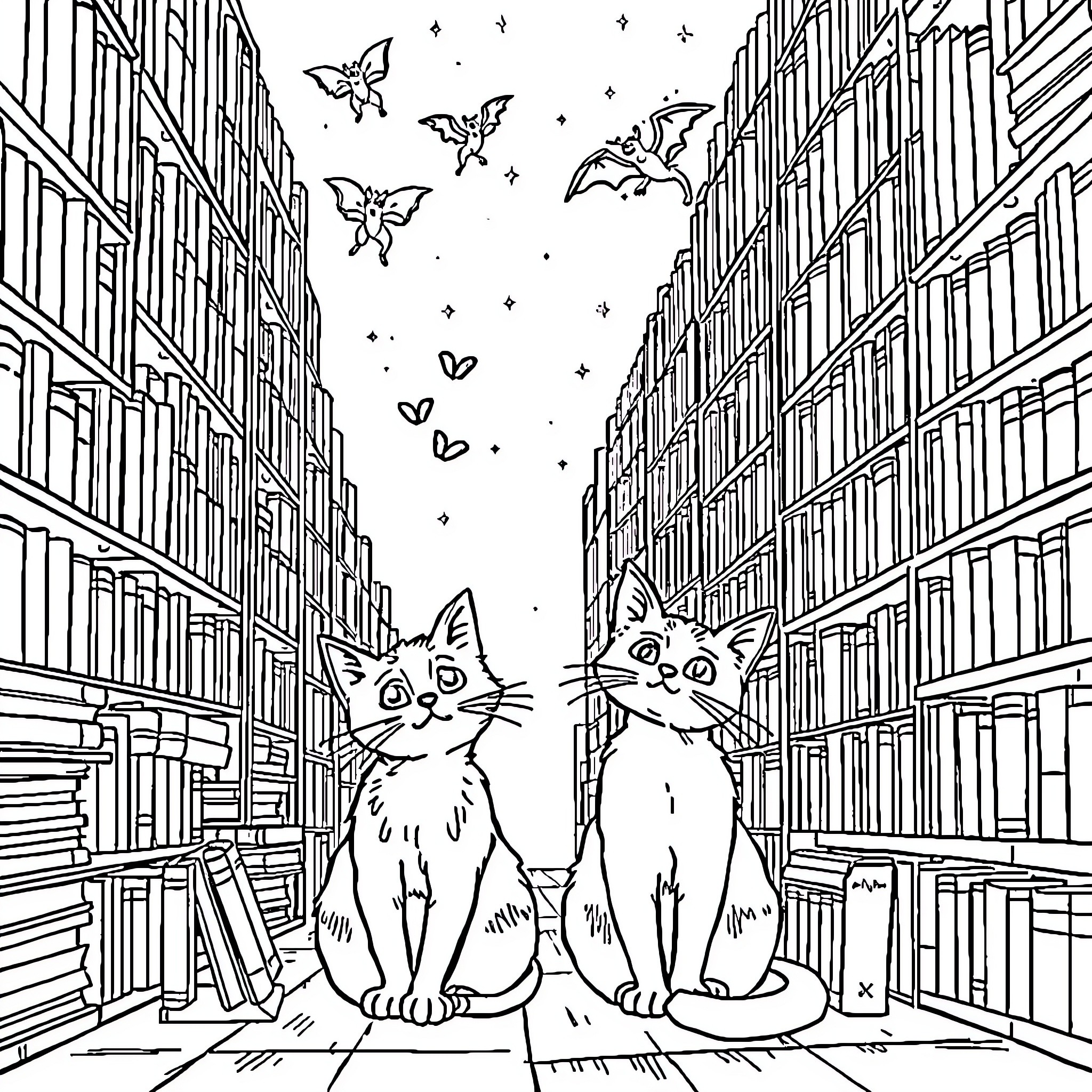 Cats exploring the magical library Coloring Page (free black-and-white line drawing printable PDF for all, from beginners to advanced learners, including children, teens, adults, and seniors)