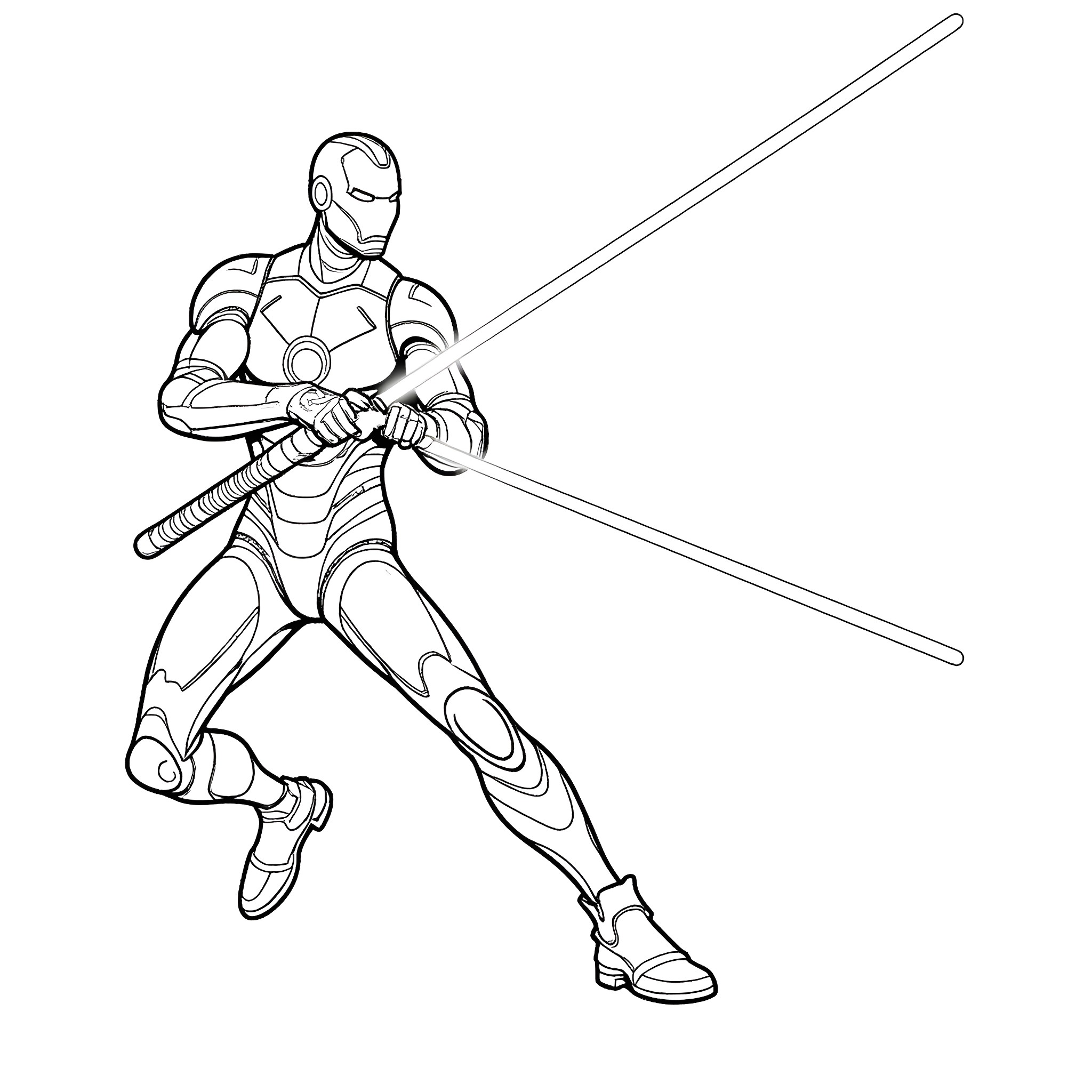 Ironman superhero in battle stance with energy beams Coloring Page (free black-and-white line drawing printable PDF for all, from beginners to advanced learners, including children, teens, adults, and seniors)