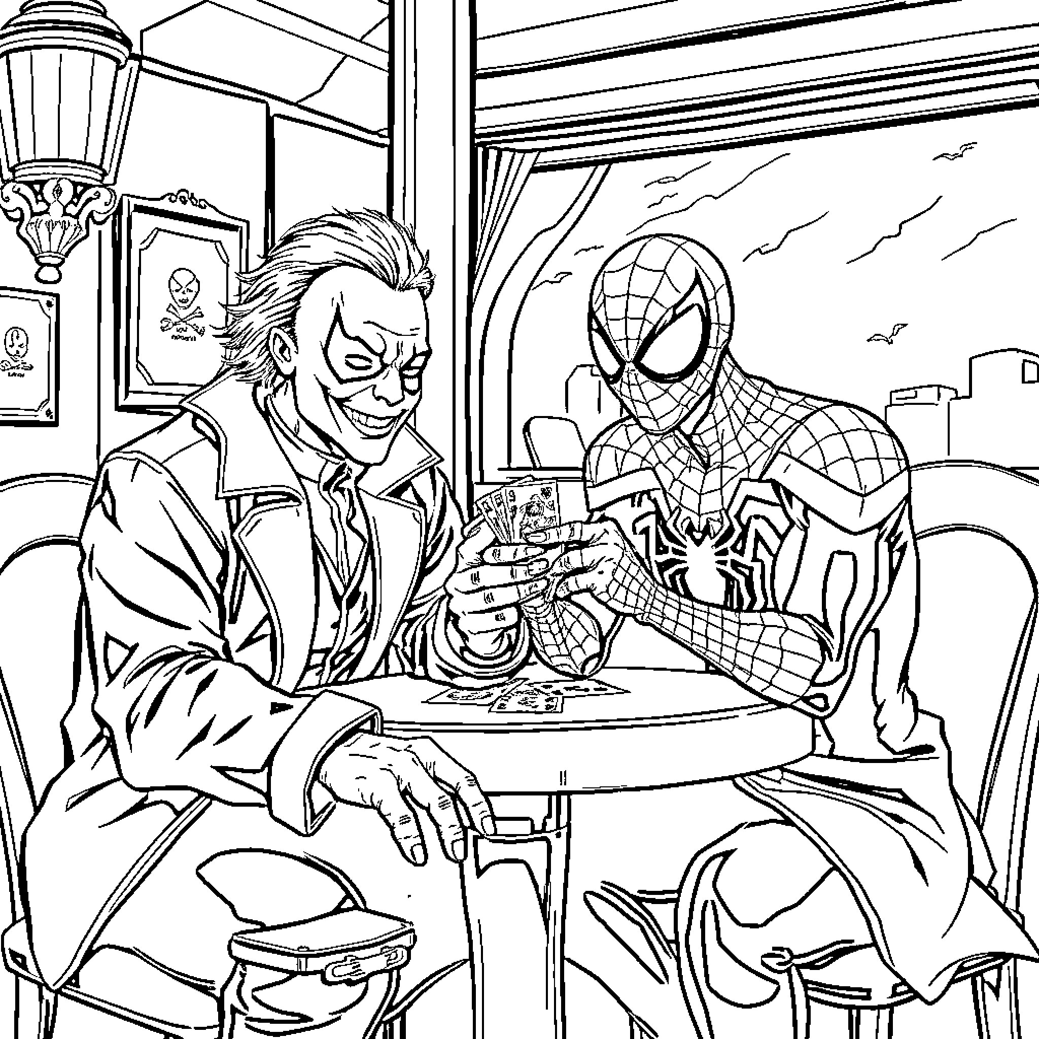 Mike Myers' Spider-Man Facing Off with Joker in Diner Coloring Page (free black-and-white line drawing printable PDF for all, from beginners to advanced learners, including children, teens, adults, and seniors)