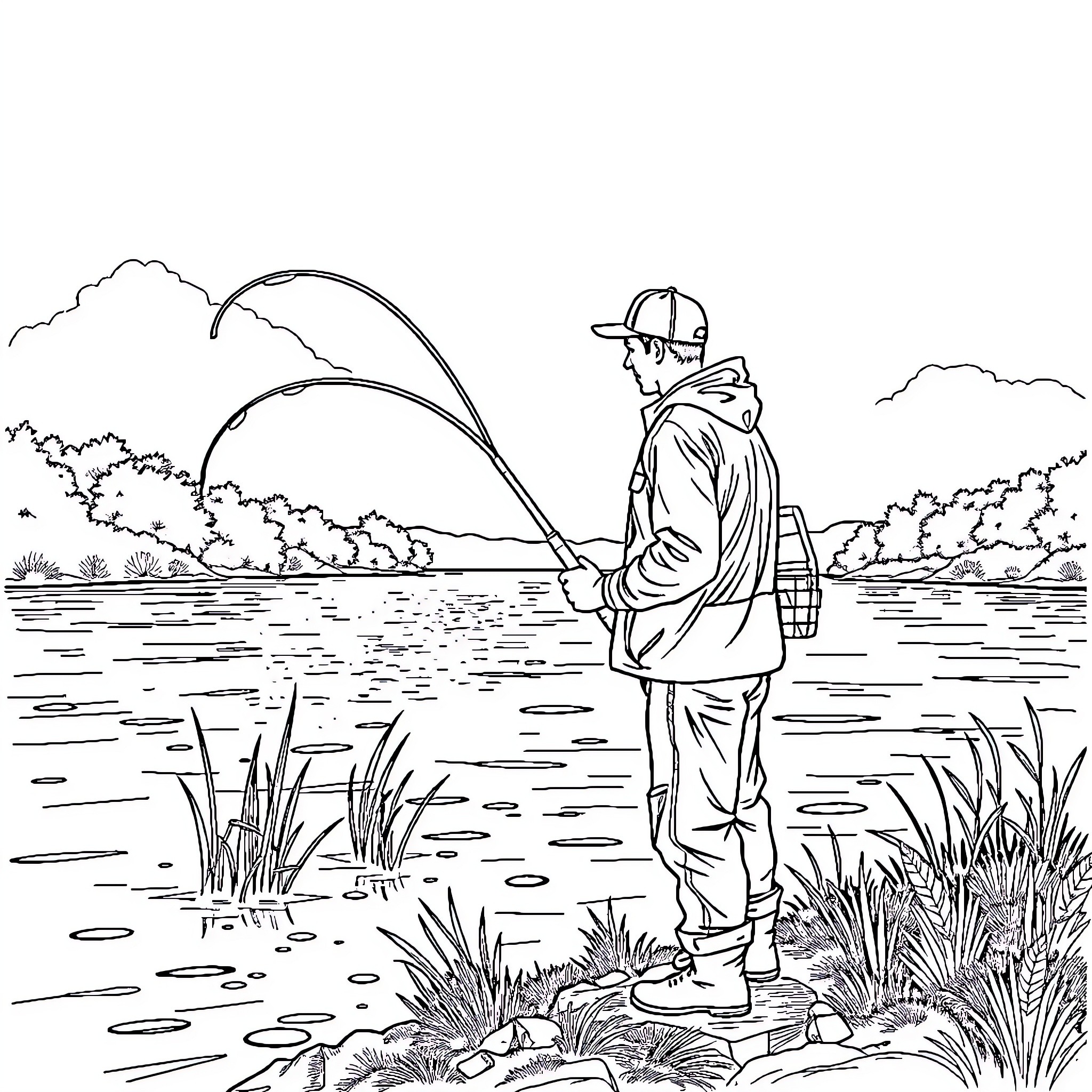 Fisherman casting his line in the river Coloring Page (free black-and-white line drawing printable PDF for all, from beginners to advanced learners, including children, teens, adults, and seniors)
