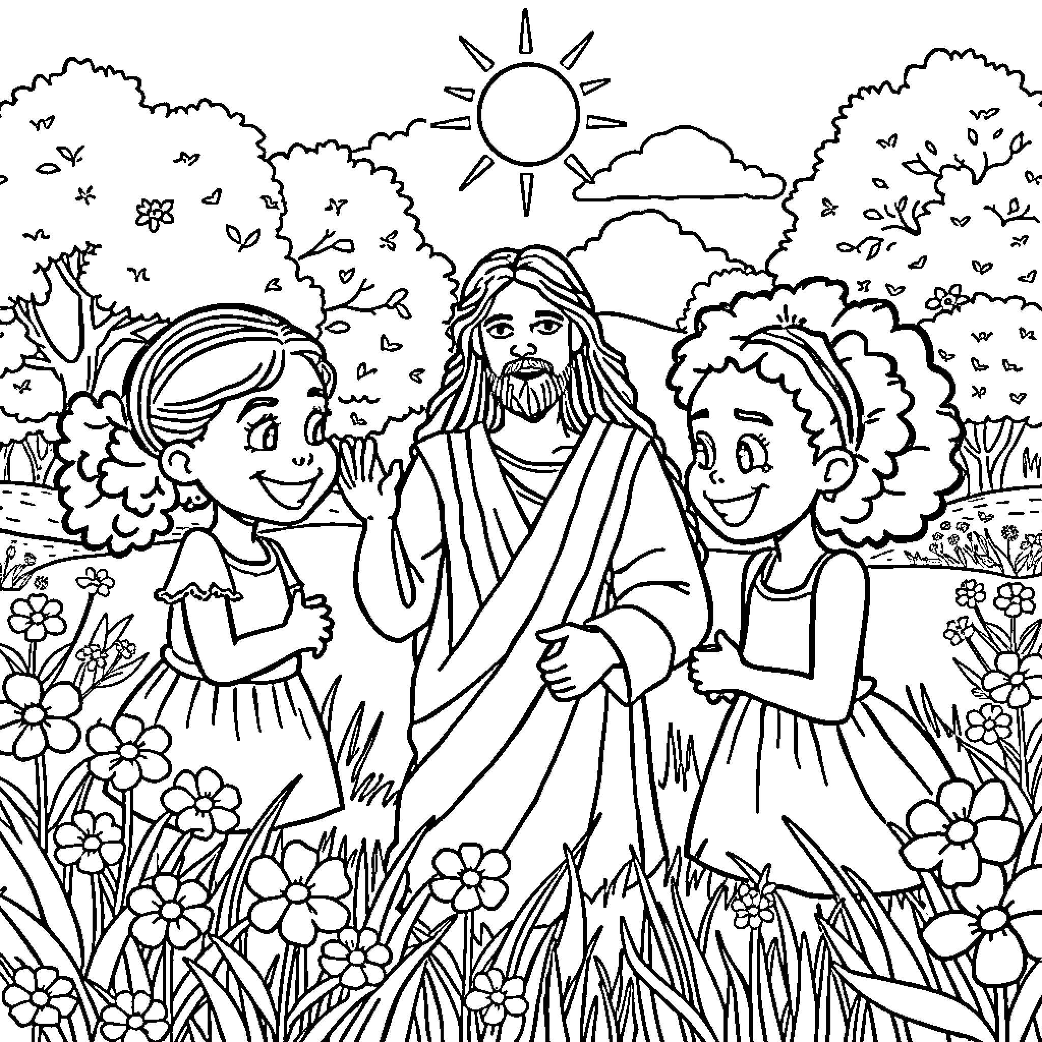 Girl with Jesus and Friend in Garden Coloring Page (free black-and-white line drawing printable PDF for all, from beginners to advanced learners, including children, teens, adults, and seniors)