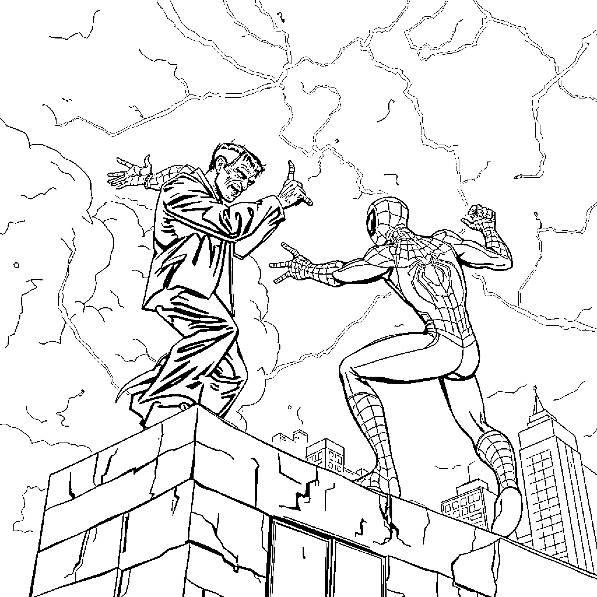 Frankenstein's Monster Confrontation with Spider-Man Coloring Page (free black-and-white line drawing printable PDF for all, from beginners to advanced learners, including children, teens, adults, and seniors)