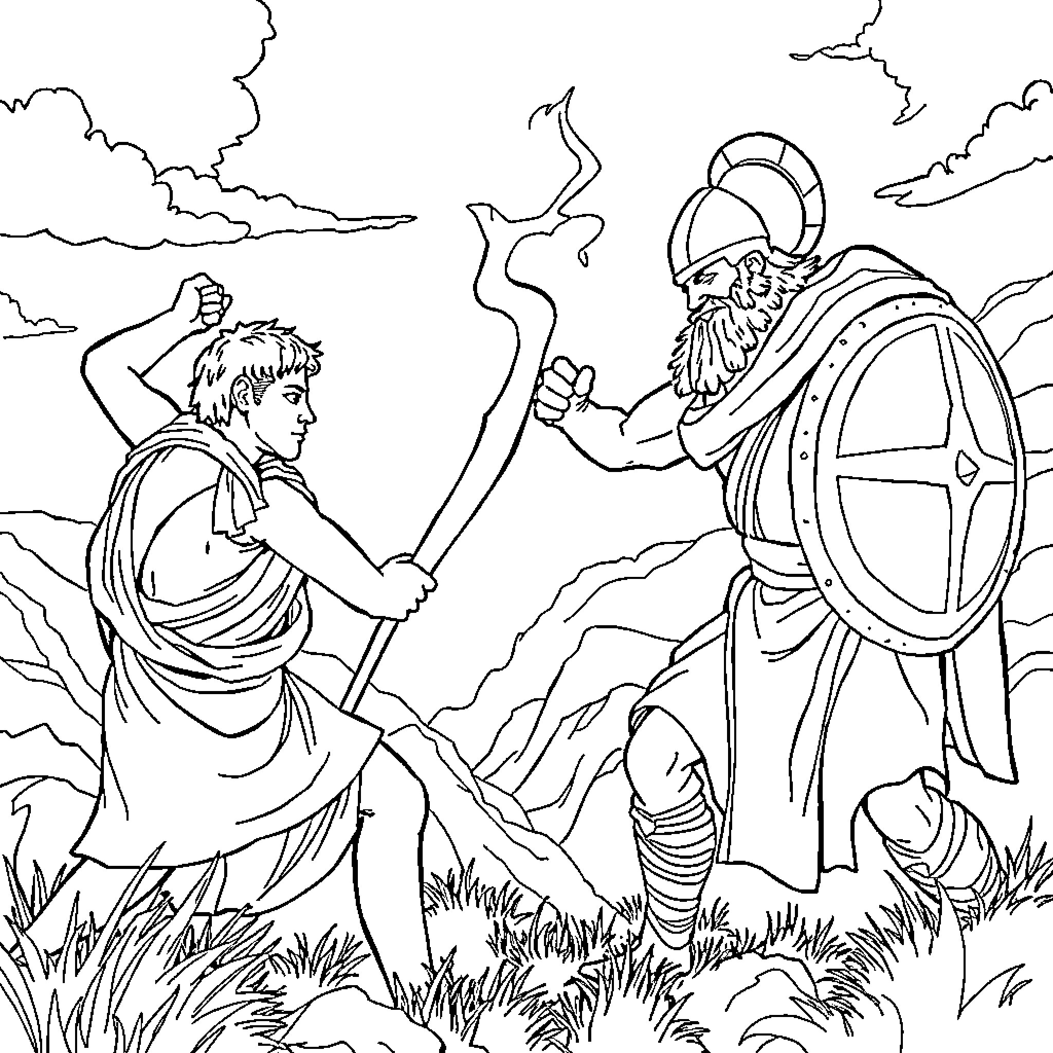 David's Confrontation with a Formidable Warrior Coloring Page (free black-and-white line drawing printable PDF for all, from beginners to advanced learners, including children, teens, adults, and seniors)