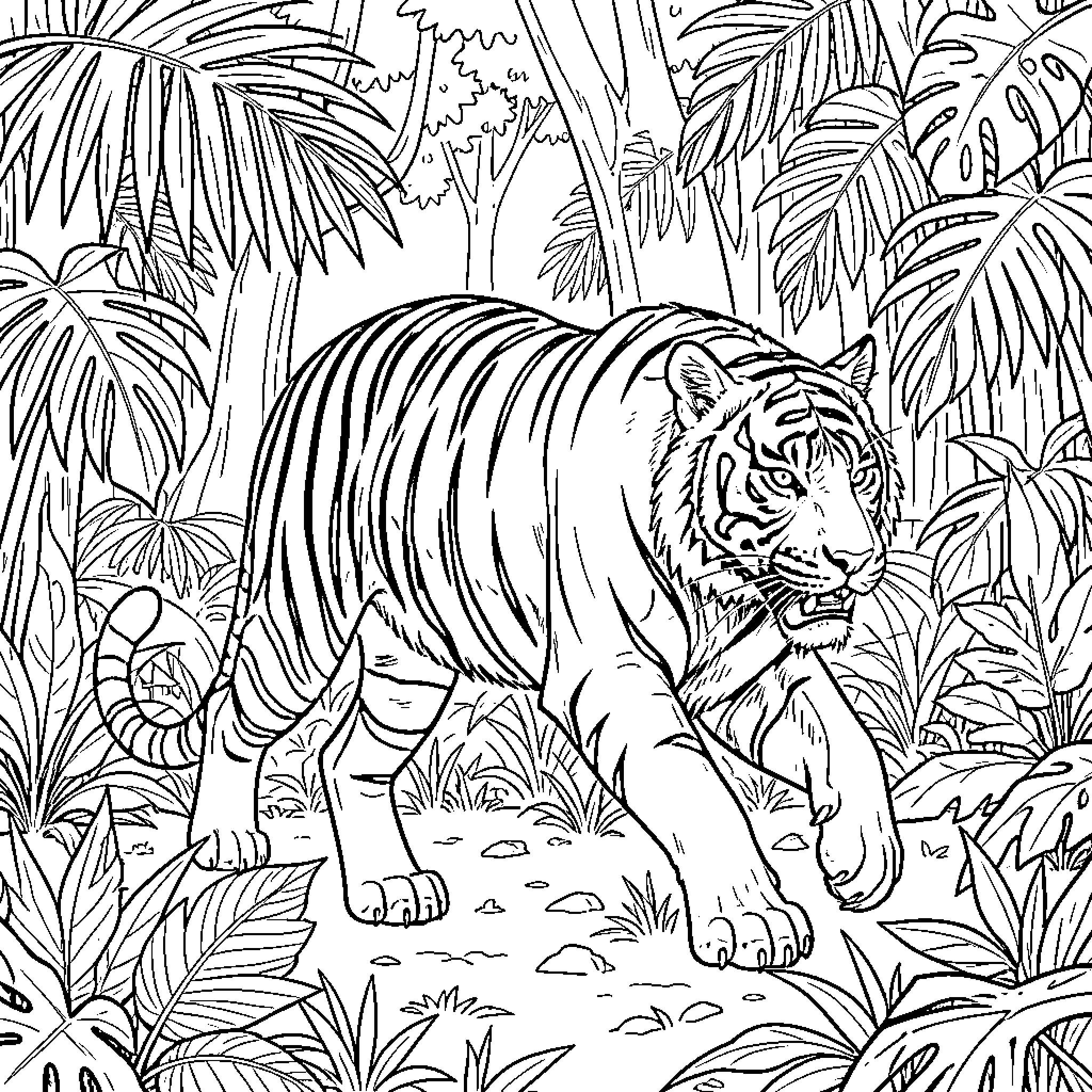 Tiger Stalking Prey in Tropical Jungle Coloring Page (free black-and-white line drawing printable PDF for all, from beginners to advanced learners, including children, teens, adults, and seniors)