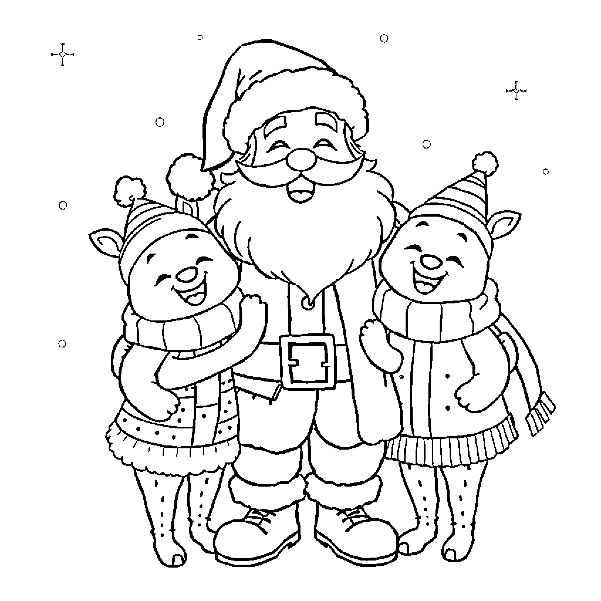 Santa Claus surrounded by jolly companions Coloring Page (free black-and-white line drawing printable PDF for all, from beginners to advanced learners, including children, teens, adults, and seniors)