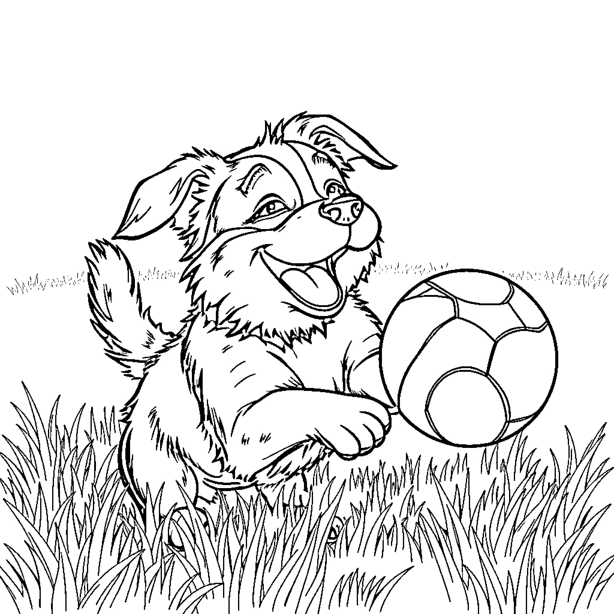 Dog Playing Happily with Ball in Grassy Field Coloring Page (free black-and-white line drawing printable PDF for all, from beginners to advanced learners, including children, teens, adults, and seniors)