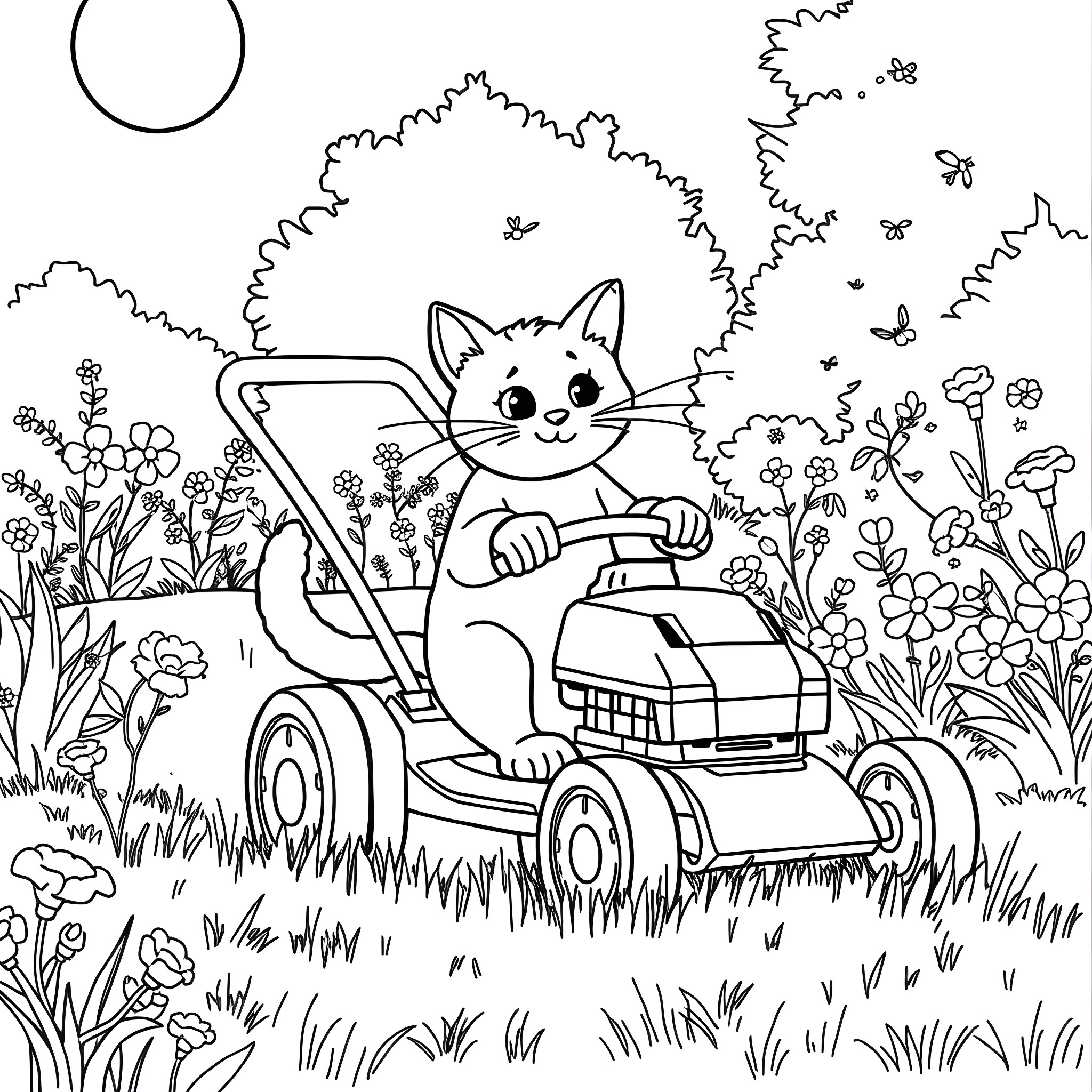 Cat driving a lawn mower in a garden Coloring Page (free black-and-white line drawing printable PDF for all, from beginners to advanced learners, including children, teens, adults, and seniors)