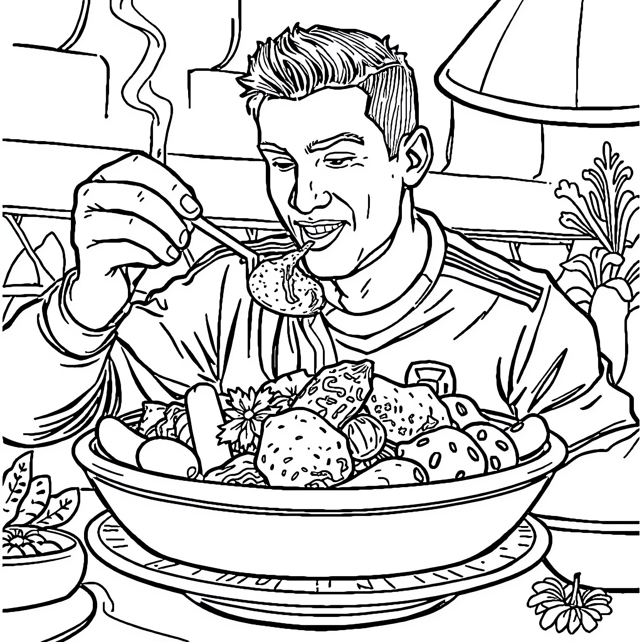 Ronaldo enjoying a hearty meal Coloring Page (free black-and-white line drawing printable PDF for all, from beginners to advanced learners, including children, teens, adults, and seniors)