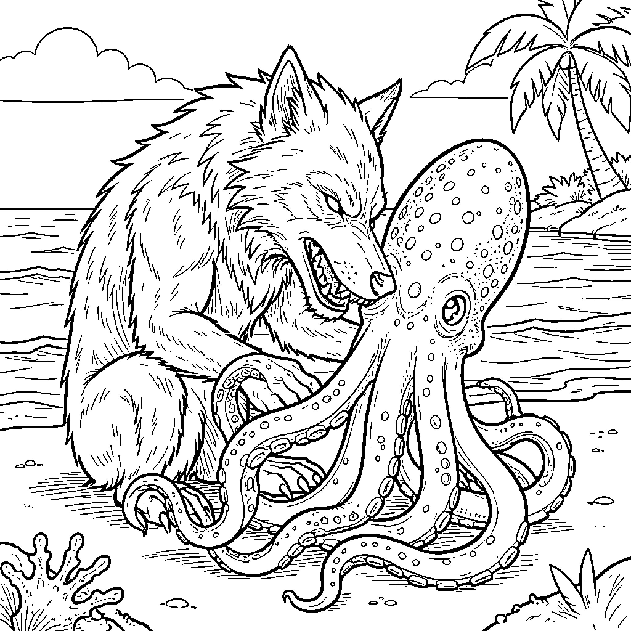 Hombre Lobo battles with a giant octopus on the beach Coloring Page (free black-and-white line drawing printable PDF for all, from beginners to advanced learners, including children, teens, adults, and seniors)