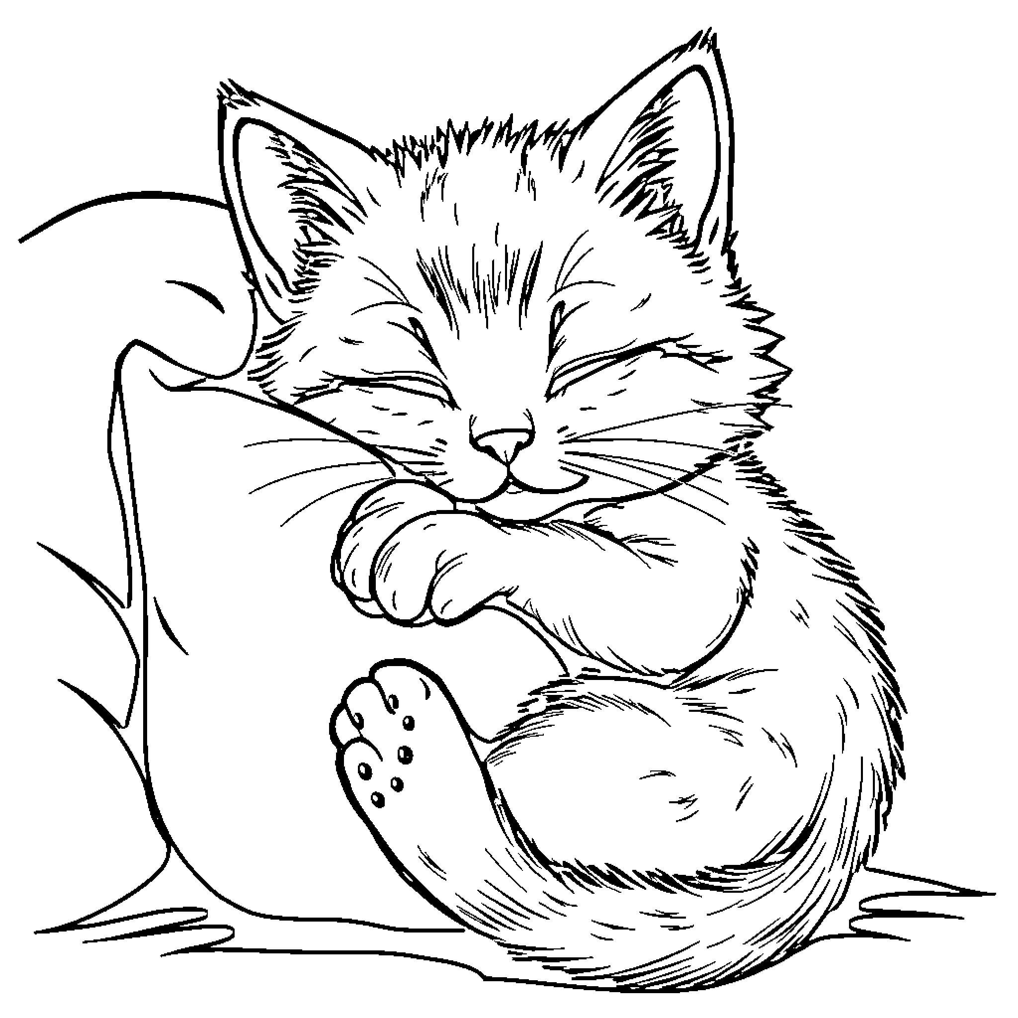 Cat resting peacefully in a cozy spot Coloring Page (free black-and-white line drawing printable PDF for all, from beginners to advanced learners, including children, teens, adults, and seniors)