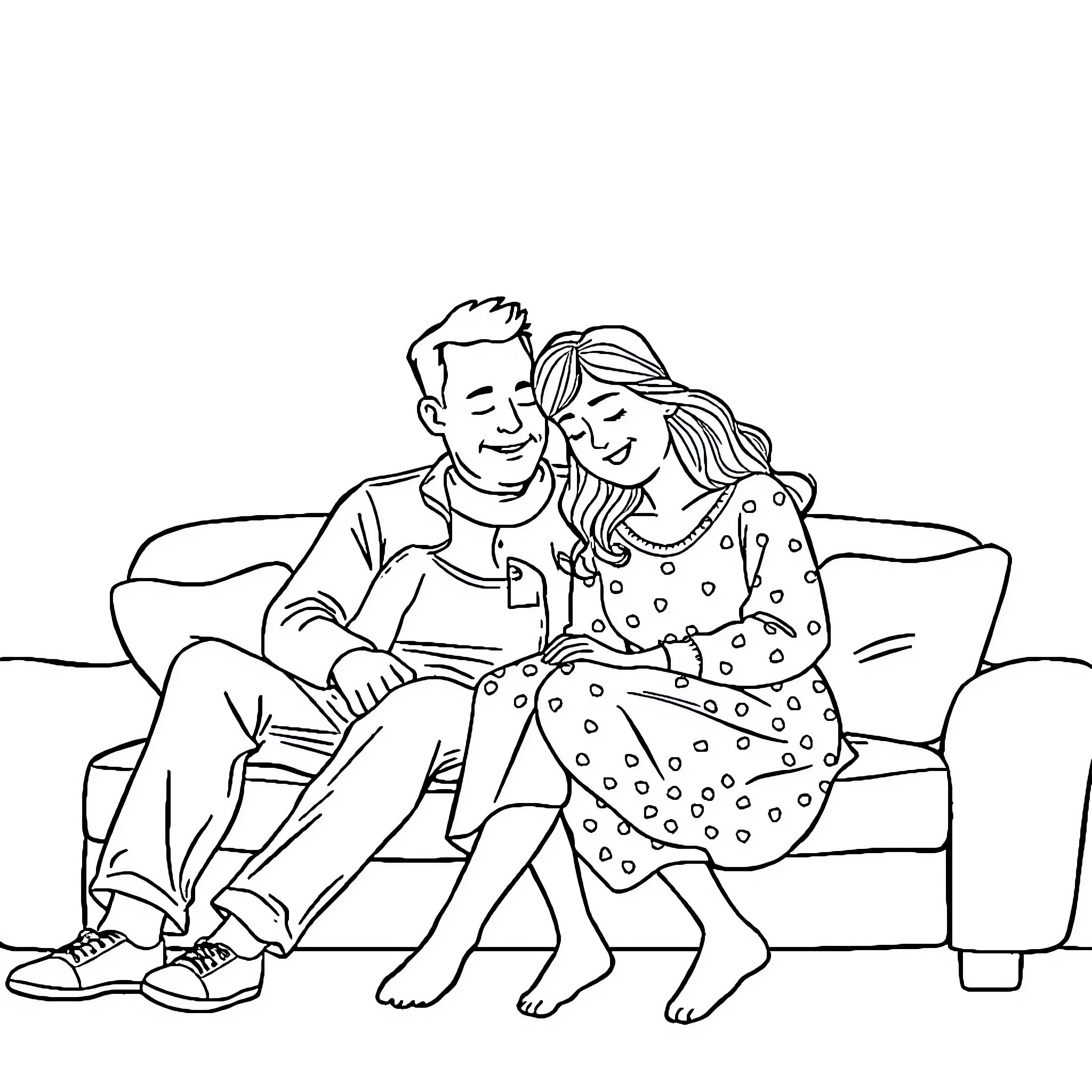 Mom and Dad cuddling on the couch Coloring Page (free black-and-white line drawing printable PDF for all, from beginners to advanced learners, including children, teens, adults, and seniors)