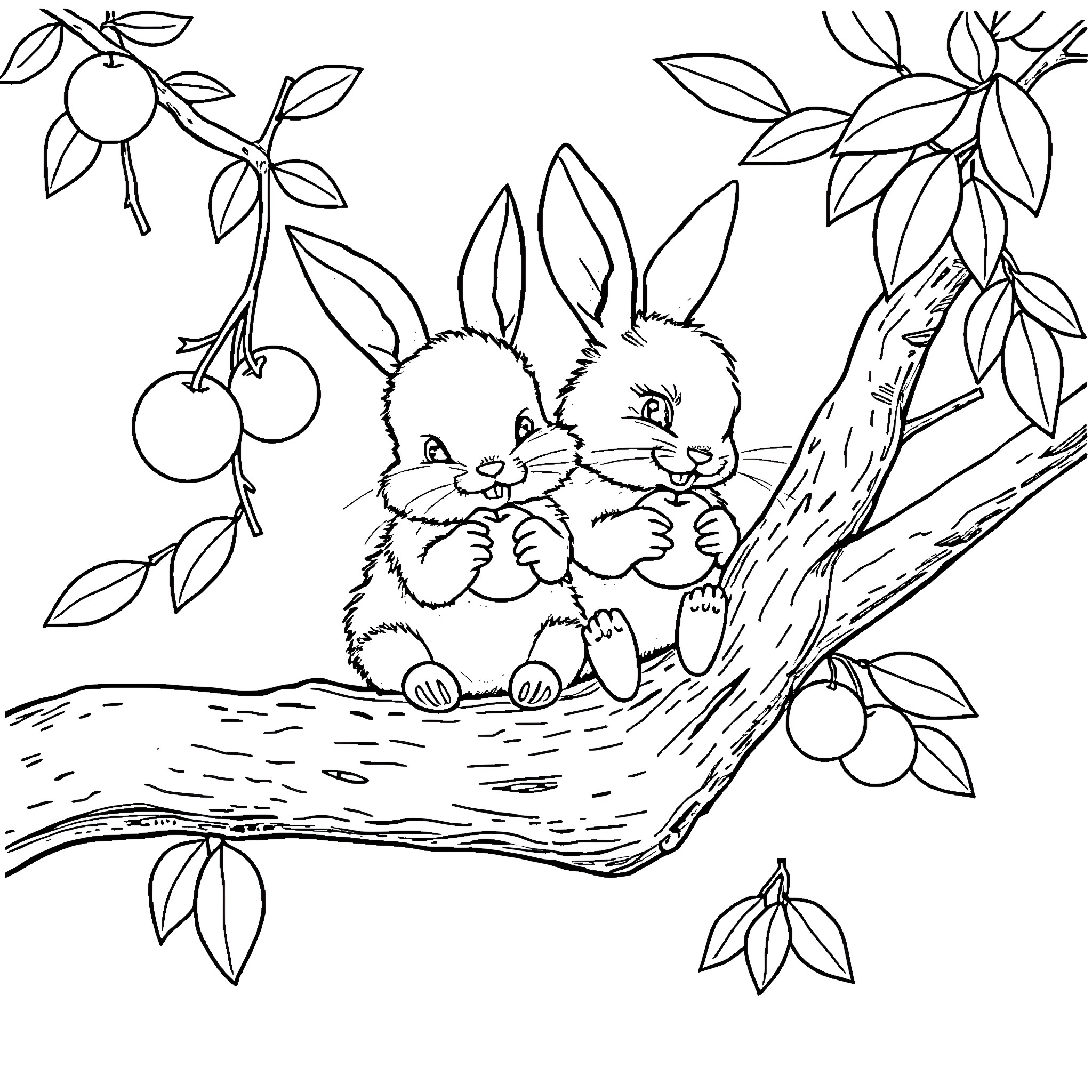 Bunny friends enjoying the outdoors Coloring Page (free black-and-white line drawing printable PDF for all, from beginners to advanced learners, including children, teens, adults, and seniors)
