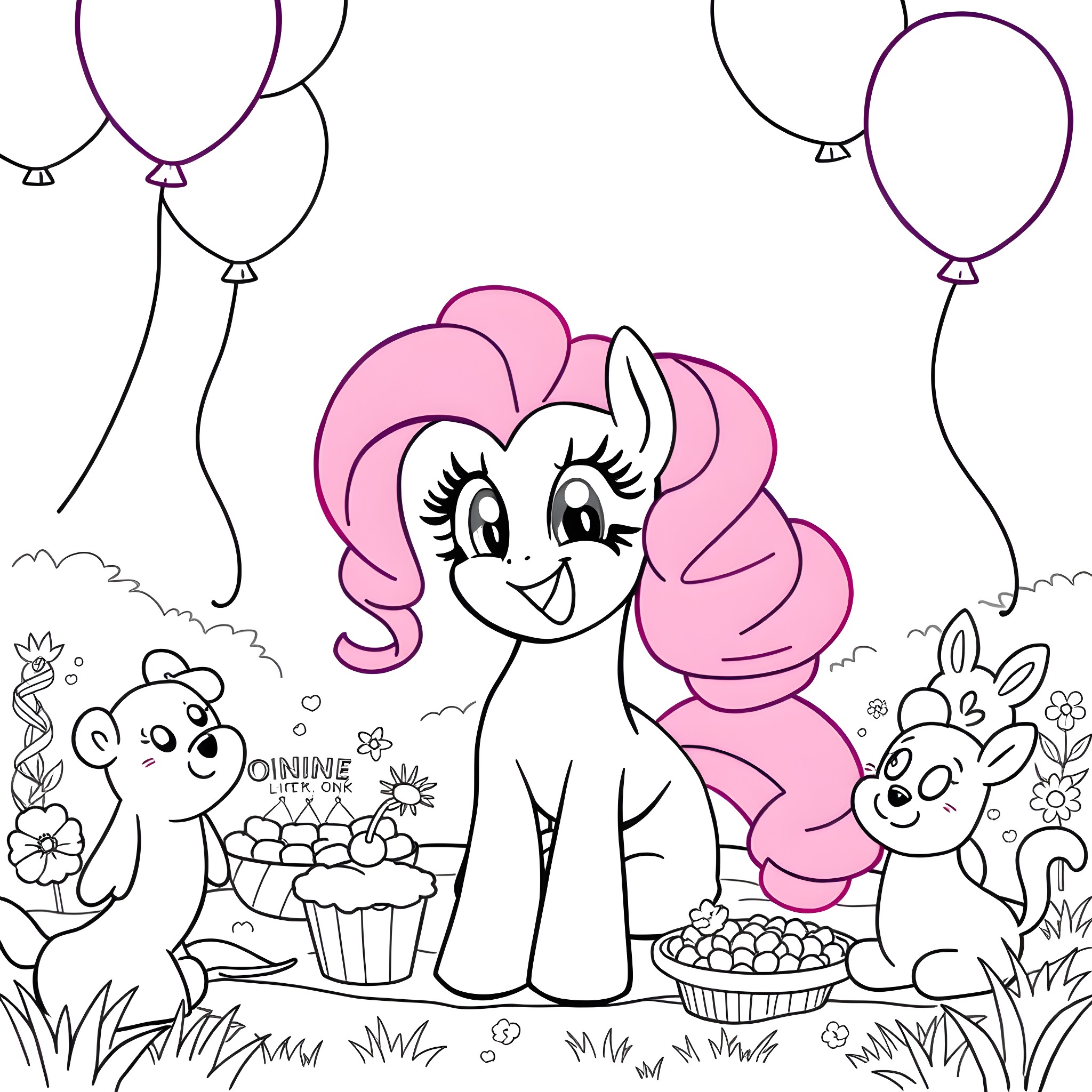 Pinkie Pie's Cheerful Picnic with Friends Coloring Page (free black-and-white line drawing printable PDF for all, from beginners to advanced learners, including children, teens, adults, and seniors)