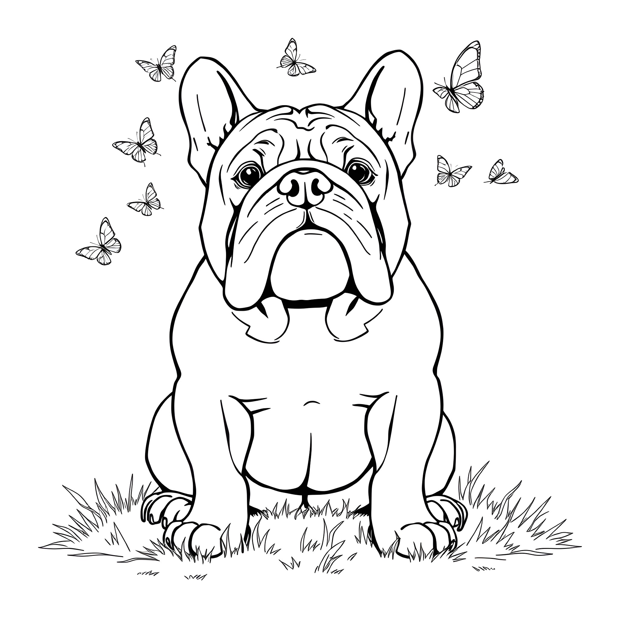 Bulldog surrounded by playful butterflies Coloring Page (free black-and-white line drawing printable PDF for all, from beginners to advanced learners, including children, teens, adults, and seniors)