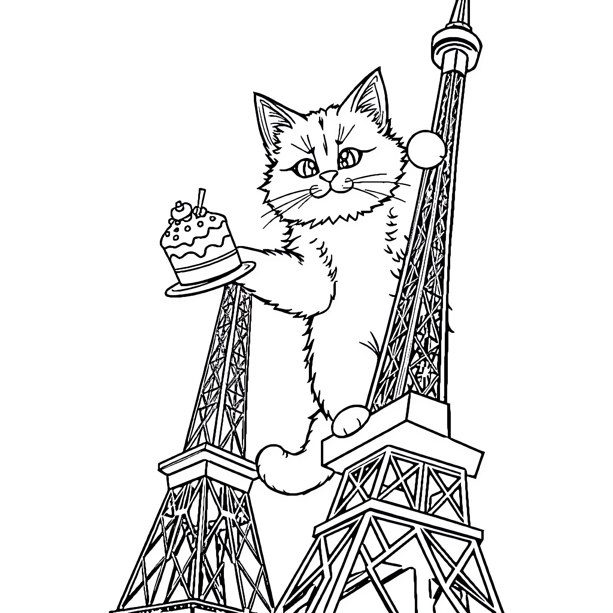 Cat celebrating with cake near Eiffel Tower Coloring Page (free black-and-white line drawing printable PDF for all, from beginners to advanced learners, including children, teens, adults, and seniors)