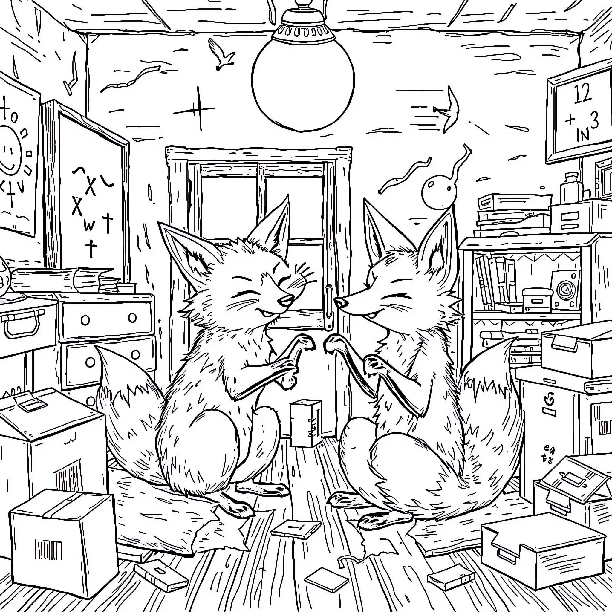 Fox friends exploring cozy cluttered room Coloring Page (free black-and-white line drawing printable PDF for all, from beginners to advanced learners, including children, teens, adults, and seniors)