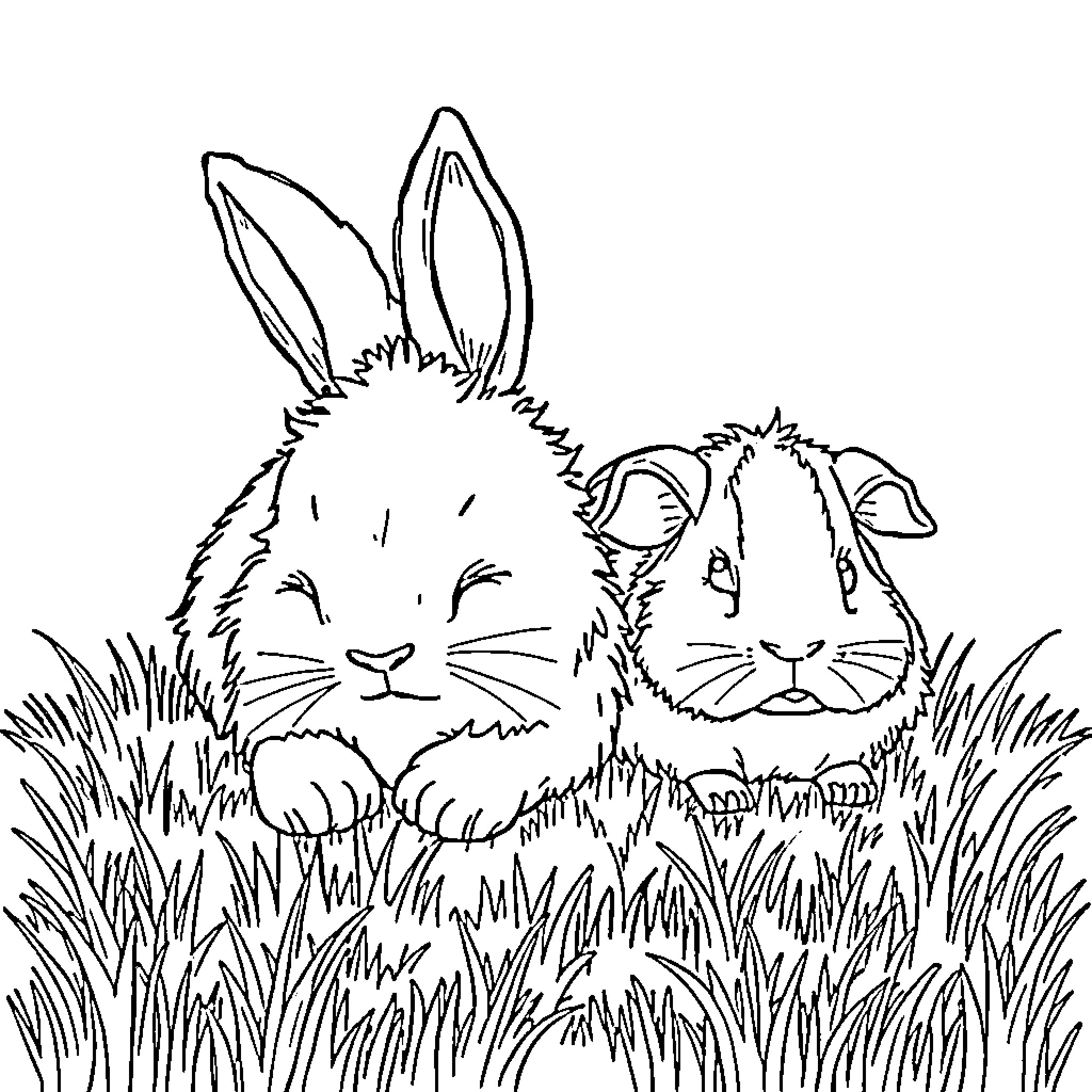 Rabbit friends relaxing in grassy meadow Coloring Page (free black-and-white line drawing printable PDF for all, from beginners to advanced learners, including children, teens, adults, and seniors)