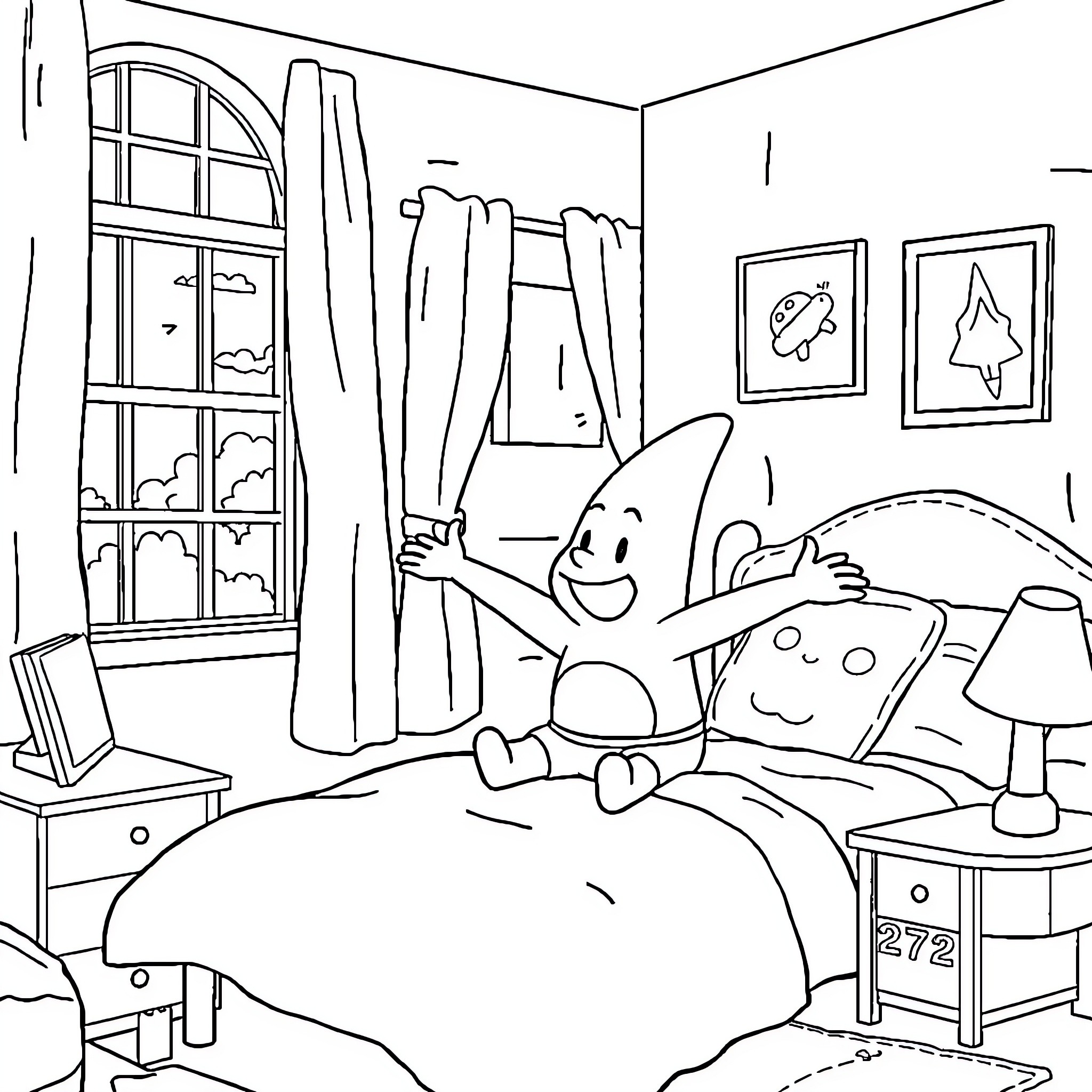 Patrick's Cozy Bedroom Adventure Coloring Page (free black-and-white line drawing printable PDF for all, from beginners to advanced learners, including children, teens, adults, and seniors)