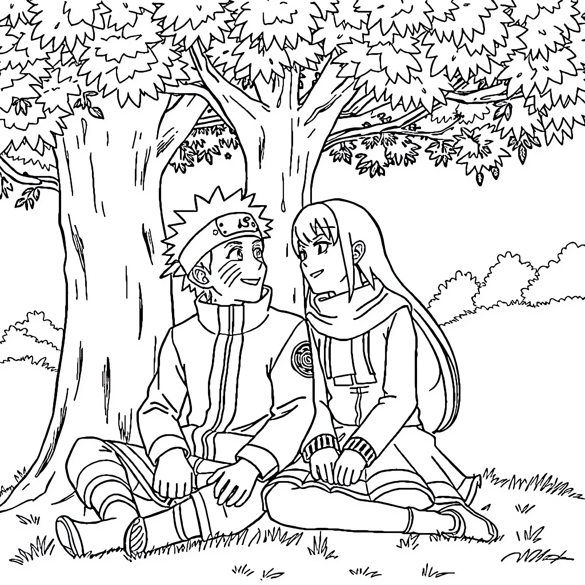 Naruto and Hinata relaxing in the forest Coloring Page (free black-and-white line drawing printable PDF for all, from beginners to advanced learners, including children, teens, adults, and seniors)