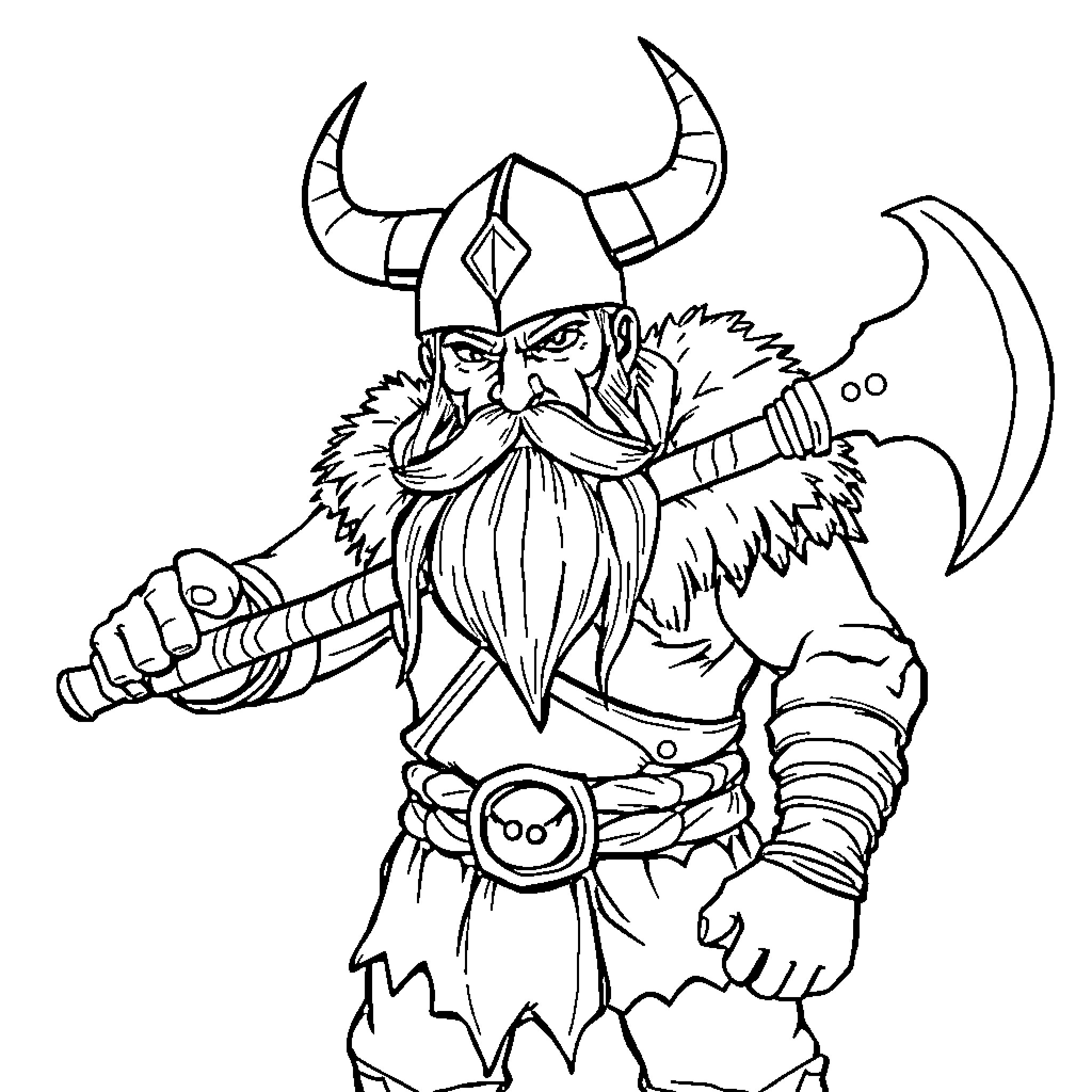 Viking Warrior Wielding Axe and Clad in Fur Coloring Page (free black-and-white line drawing printable PDF for all, from beginners to advanced learners, including children, teens, adults, and seniors)
