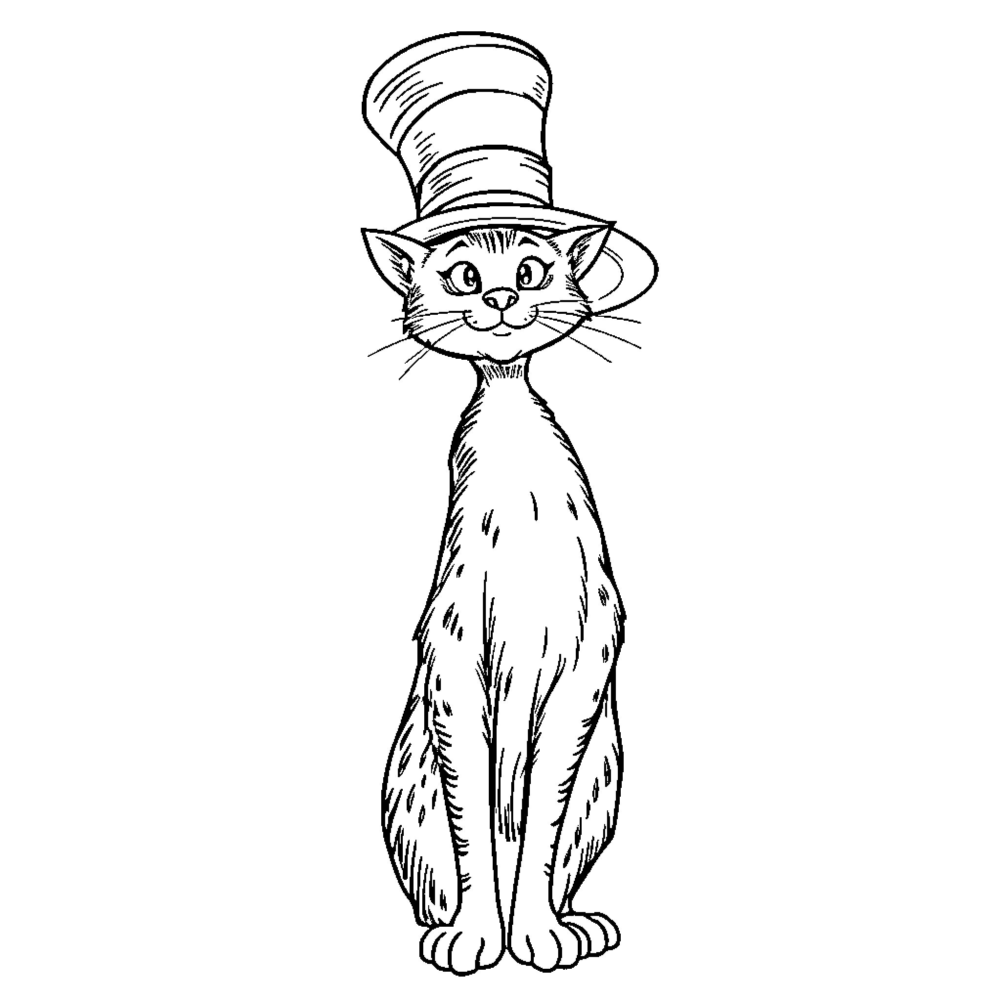Cat in the Hat wearing a Whimsical Top Hat Coloring Page (free black-and-white line drawing printable PDF for all, from beginners to advanced learners, including children, teens, adults, and seniors)