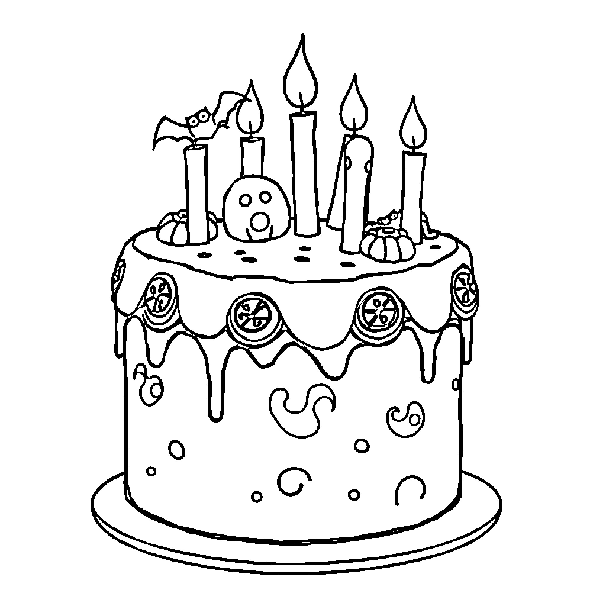 Cake with Playful Decorations and Candles Coloring Page (free black-and-white line drawing printable PDF for all, from beginners to advanced learners, including children, teens, adults, and seniors)