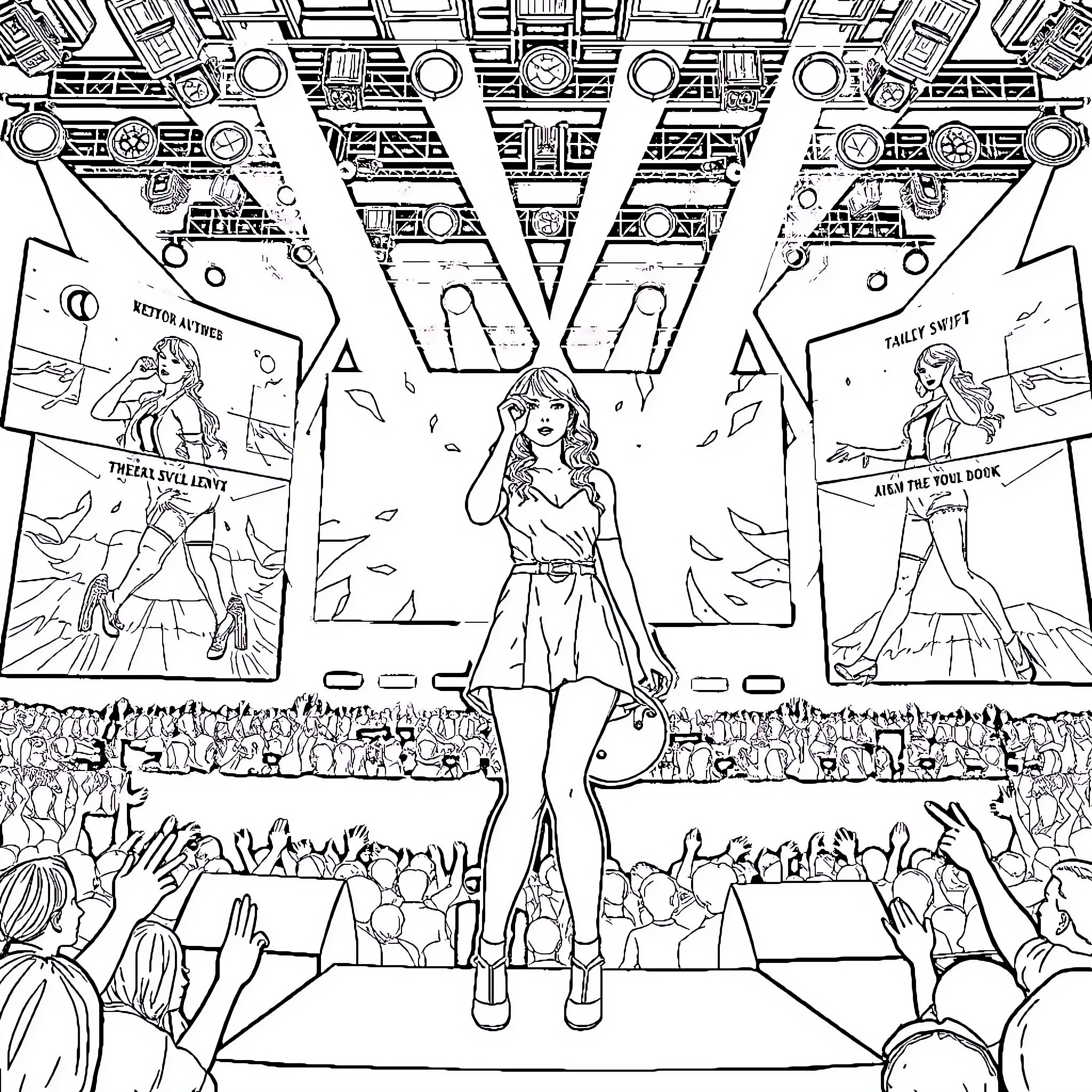 Taylor Swift performing on stage with energy and enthusiasm Coloring Page (free black-and-white line drawing printable PDF for all, from beginners to advanced learners, including children, teens, adults, and seniors)