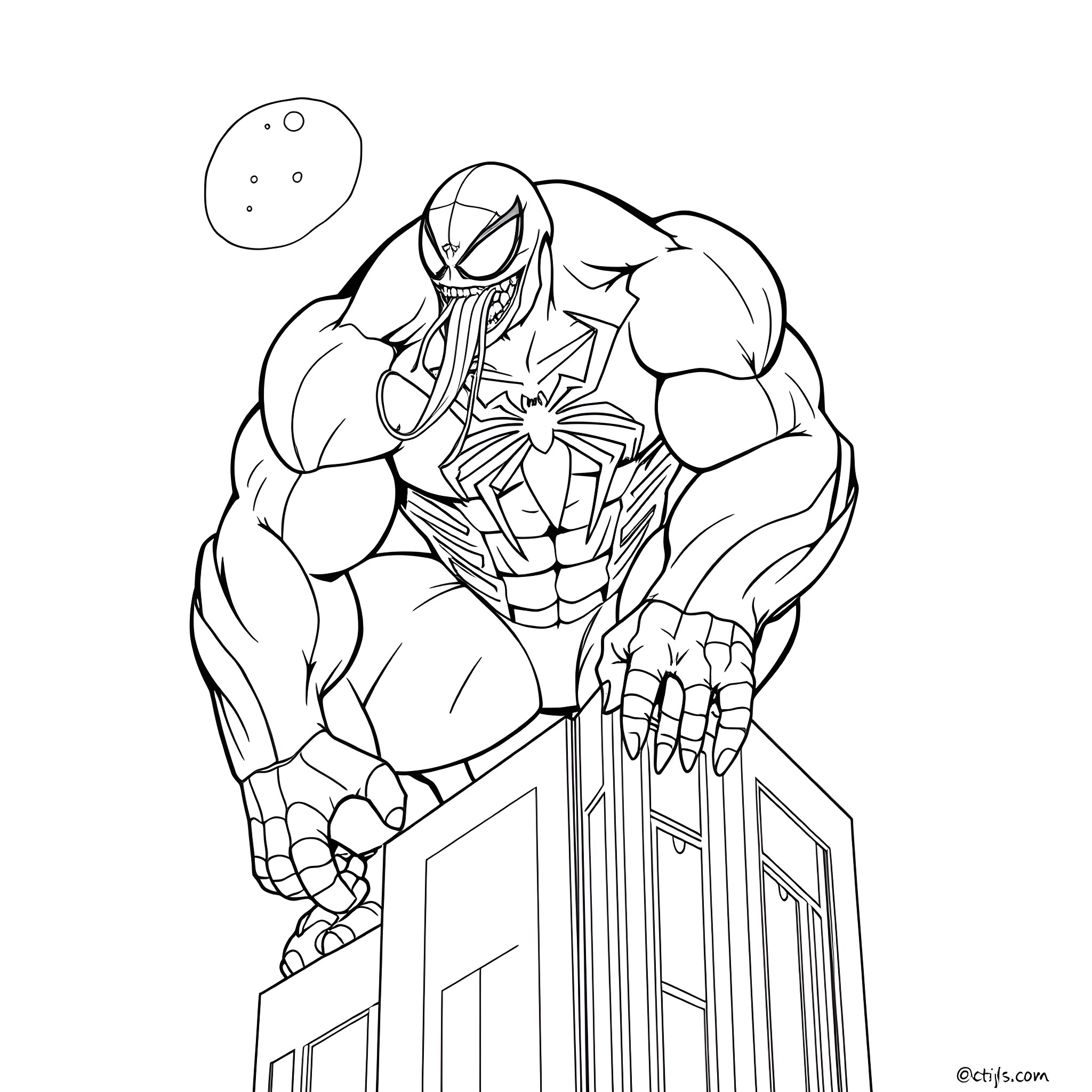 Venom Superhero Showcasing Impressive Physique and Attire Coloring Page (free black-and-white line drawing printable PDF for all, from beginners to advanced learners, including children, teens, adults, and seniors)