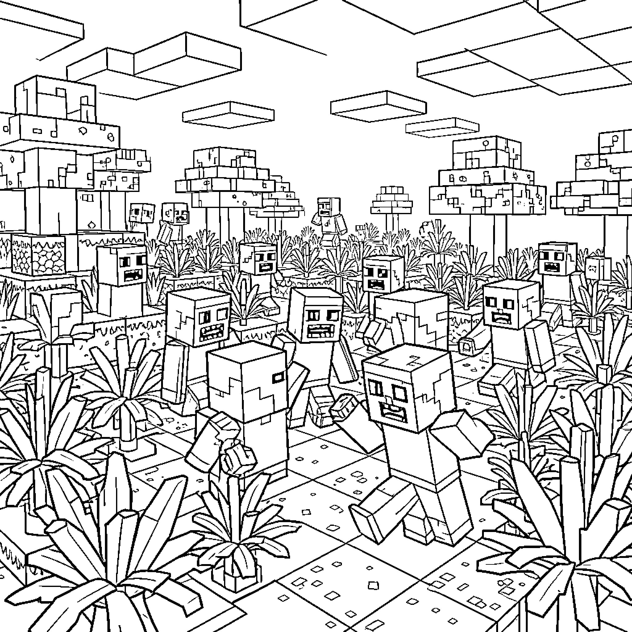 Plant-based pixelated landscape with geometric structures Coloring Page (free black-and-white line drawing printable PDF for all, from beginners to advanced learners, including children, teens, adults, and seniors)