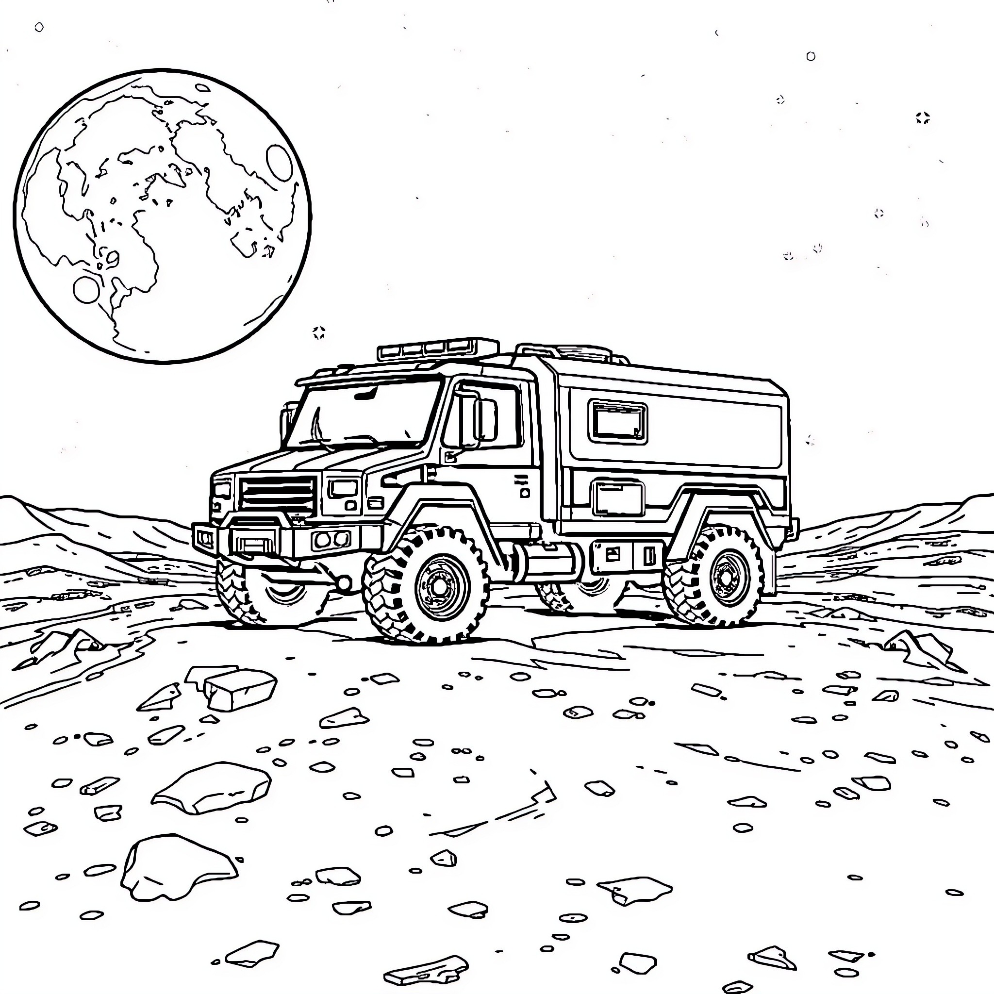 Cybertruck exploring rugged terrain on another planet Coloring Page (free black-and-white line drawing printable PDF for all, from beginners to advanced learners, including children, teens, adults, and seniors)