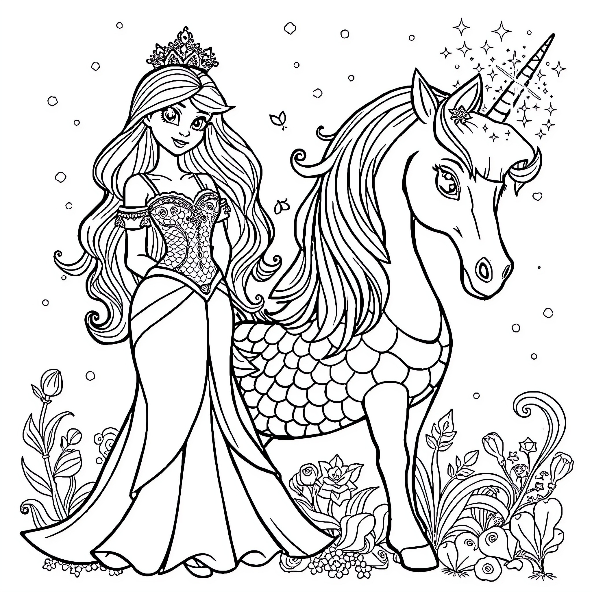 Princess and her Unicorn in a Magical Scene Coloring Page (free black-and-white line drawing printable PDF for all, from beginners to advanced learners, including children, teens, adults, and seniors)