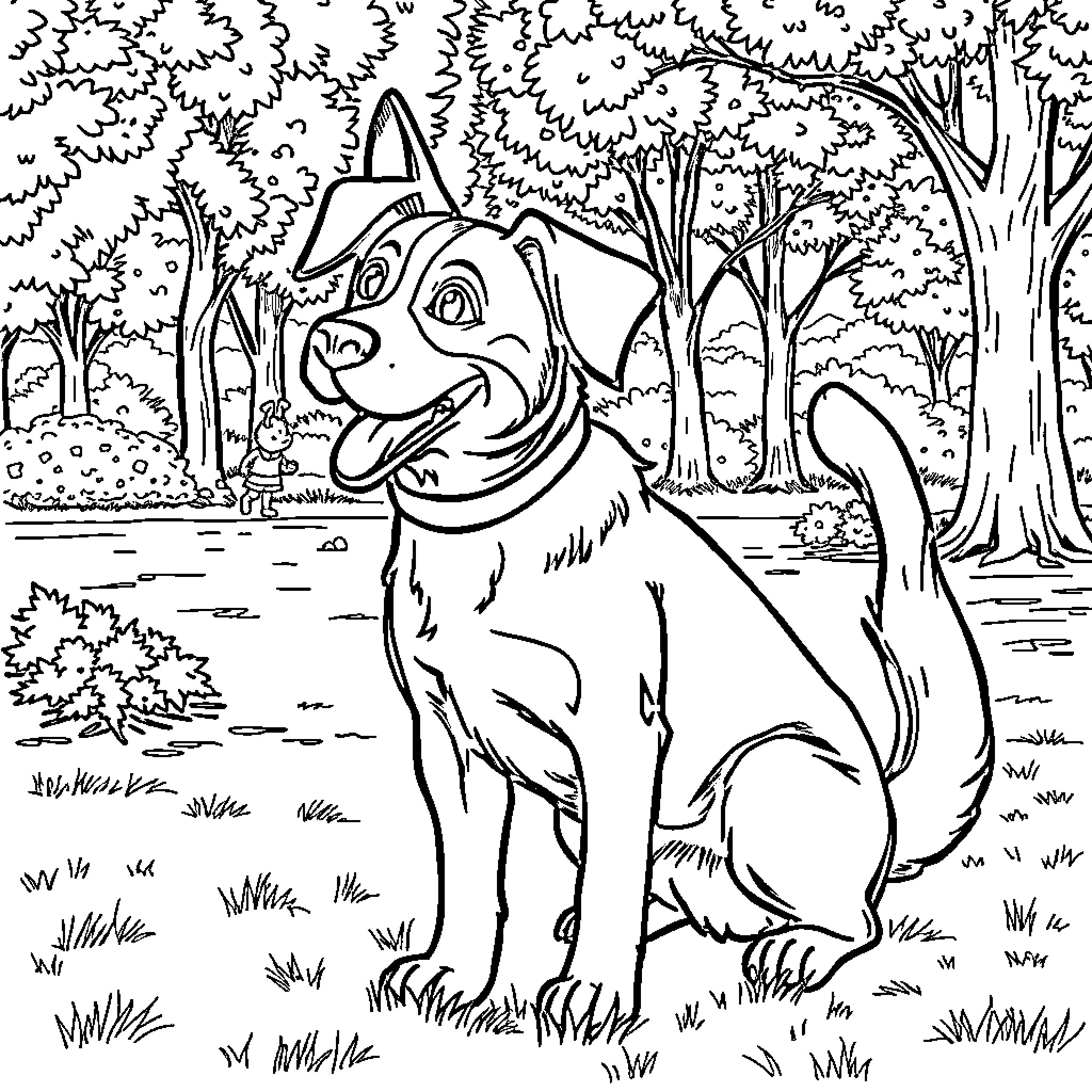Dog happily exploring the forest Coloring Page (free black-and-white line drawing printable PDF for all, from beginners to advanced learners, including children, teens, adults, and seniors)