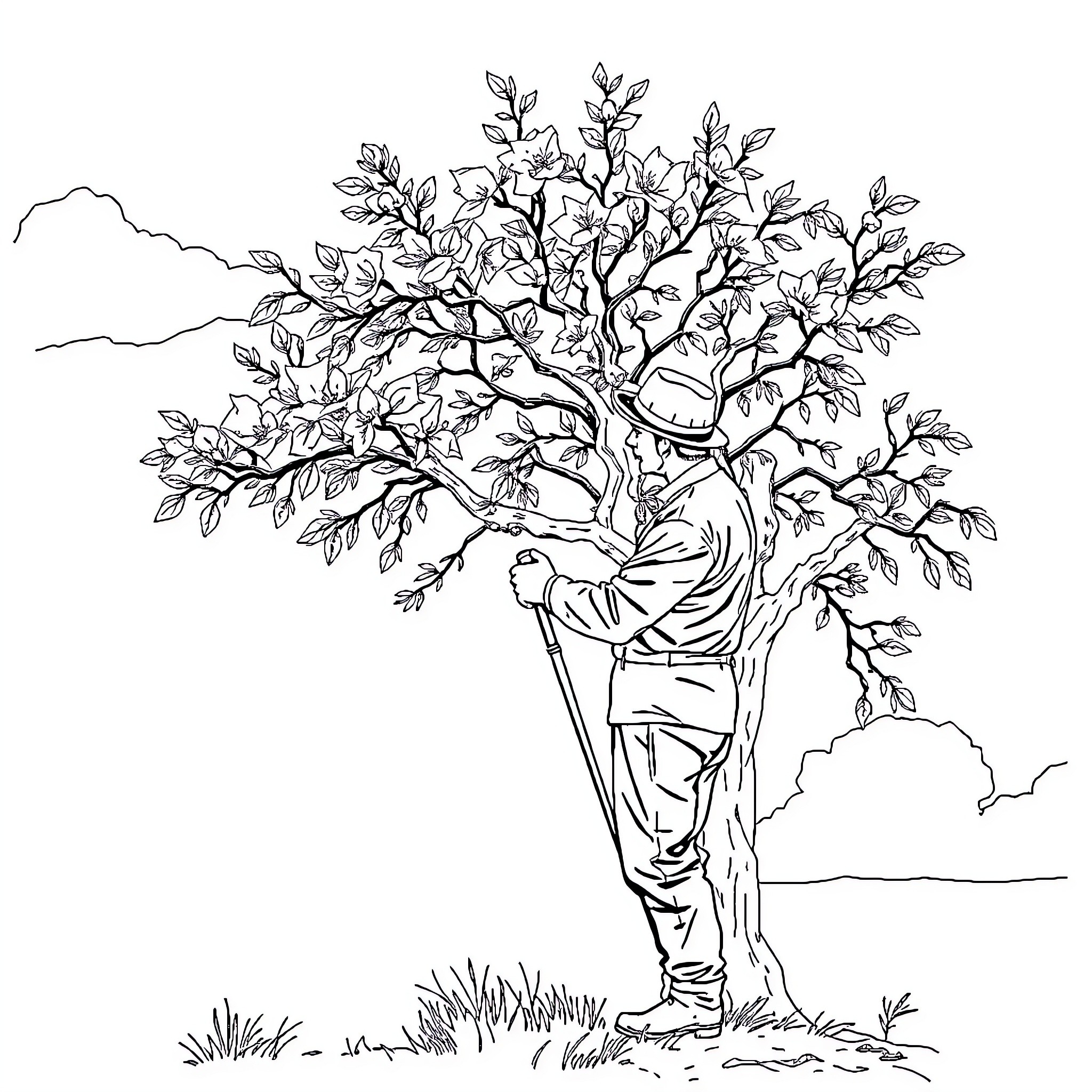 Sécateur: Gardener Pruning Leafy Tree on Scenic Landscape Coloring Page (free black-and-white line drawing printable PDF for all, from beginners to advanced learners, including children, teens, adults, and seniors)