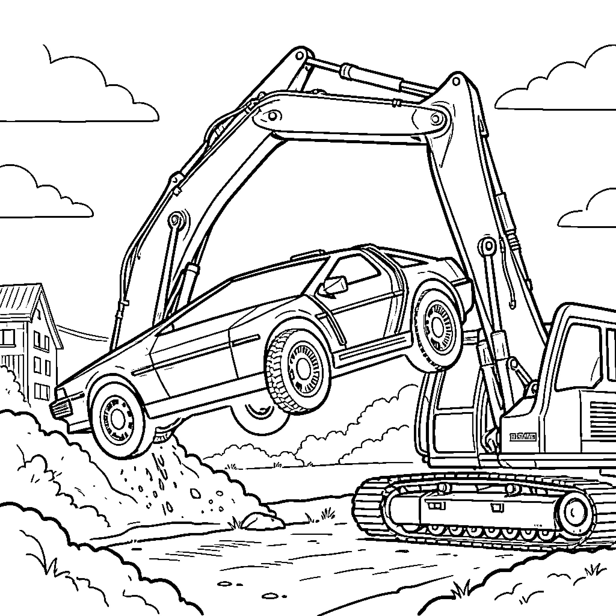 DeLorean being lifted by a heavy excavator Coloring Page (free black-and-white line drawing printable PDF for all, from beginners to advanced learners, including children, teens, adults, and seniors)